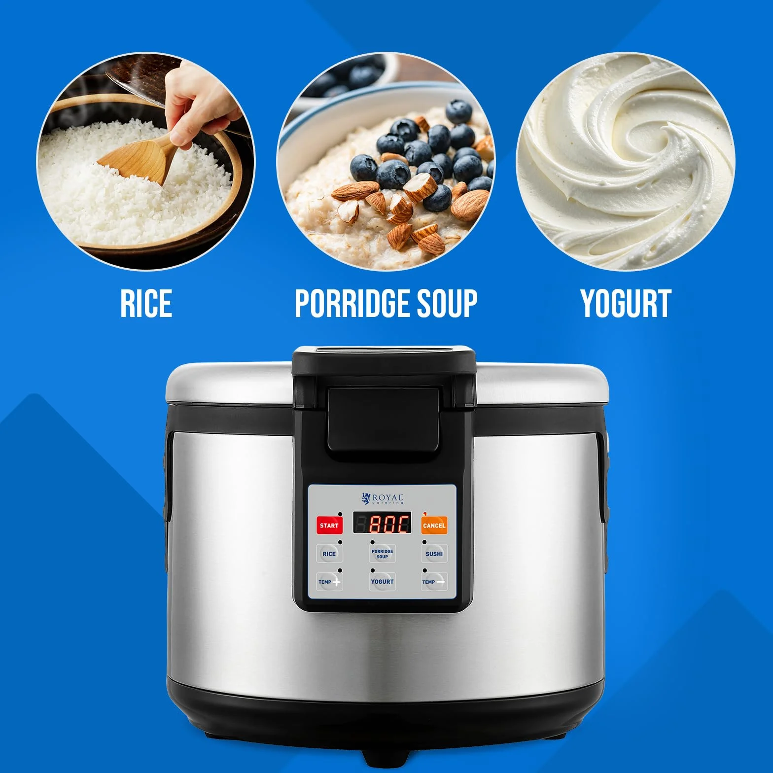 Royal Catering Reiswärmer 26 l 110 W 3 Heizzonen digitale Bedienung antihaftbeschichteter Gartopf inkl. Reislöffel Joghurtbereiter Suppenwärmer Speisenwärmer
