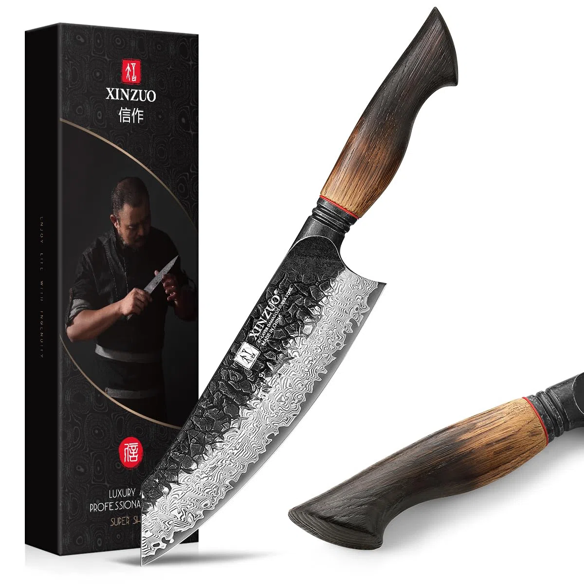 XINZUO Damaststahl 19,3cm Santokumesser -Hammerfinish Küchenmesser Scharfe Klinge Damastmesser -Profi Geschmiedet Kochmesser Multifunktions Chefmesser -Ergonomischer Griff aus Weißeiche -Mo Serie