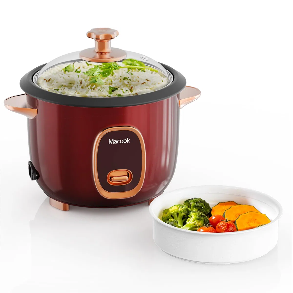 Macook Reiskocher & Dampfgarer mit Antihaft-Innentopf - 1L, Burgunderrot - Für 1-5 Personen - Schnelle Zubereitung ohne Anbrennen - Mit Warmhaltefunktion inkl. Dämpfeinsatz, Löffel & Messbecher