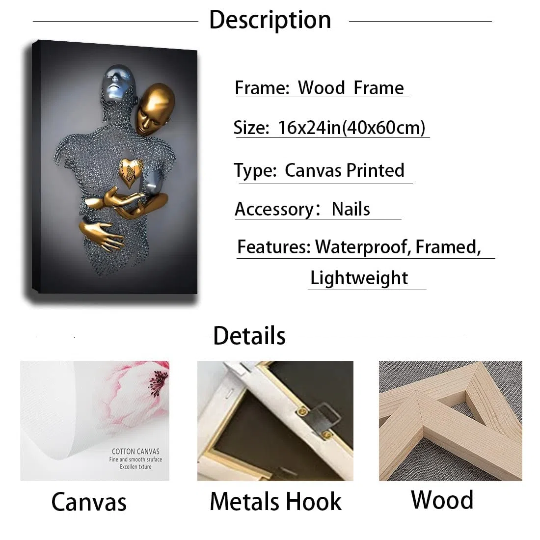 chongjian Liebe Herz 3D Grau Leinwand Wandkunst Moderne Gemälde 3d Abstrakt Umarmung Wanddekoration Schwarz und Weiß Metallfigur Skulptur Effekt Bild Wohnzimmer Dekoration (Gold Mit Rahmen, 16x24in)