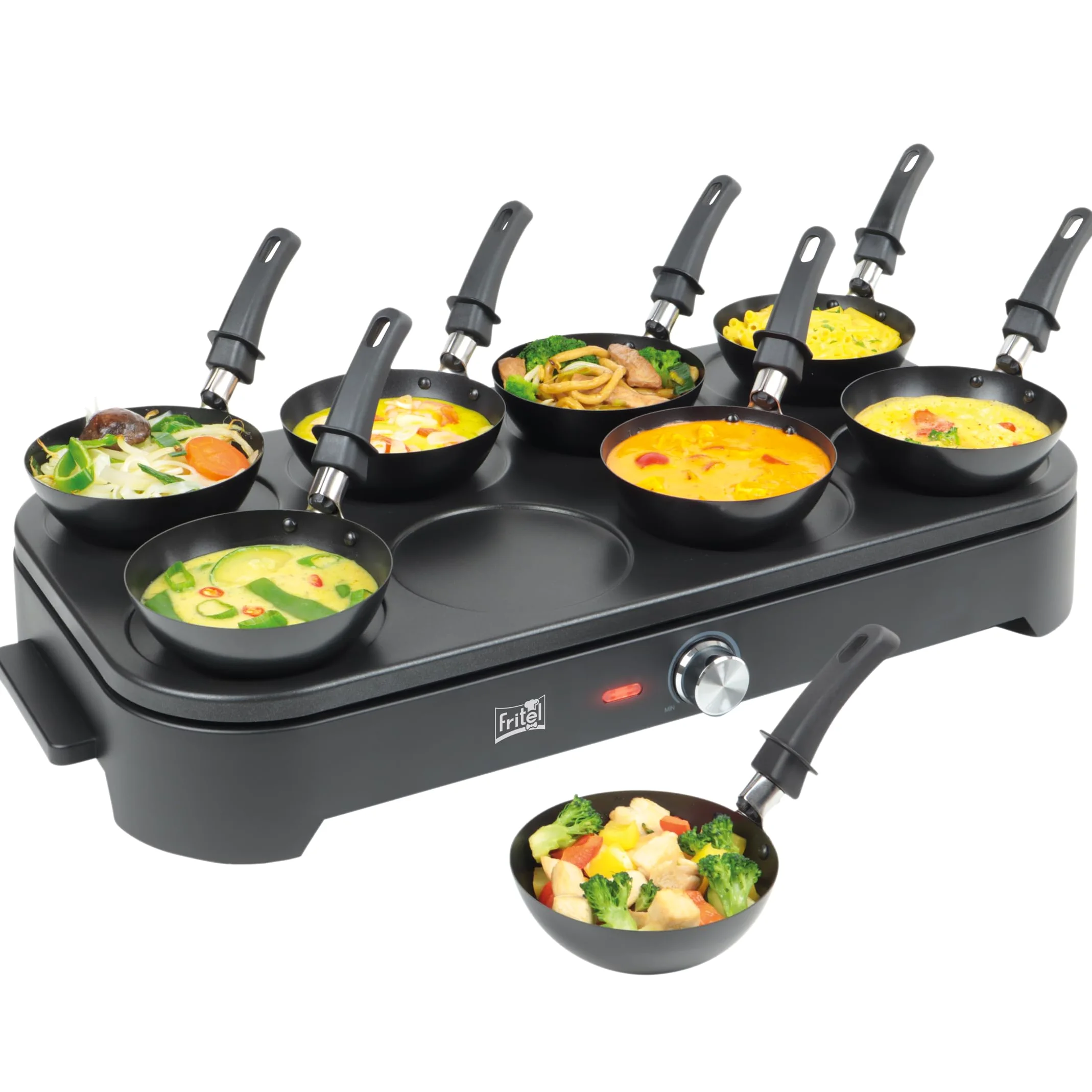 FRITEL Gourmet Wok Pancake GWP 2560 – Wok-Set/Pfannkuchenmaker – Party-Set – 1500 W – 8 x 15 cm – 1 bis 8 Personen + 8 Wok-Pfännchen & Spatel – PFAS-frei