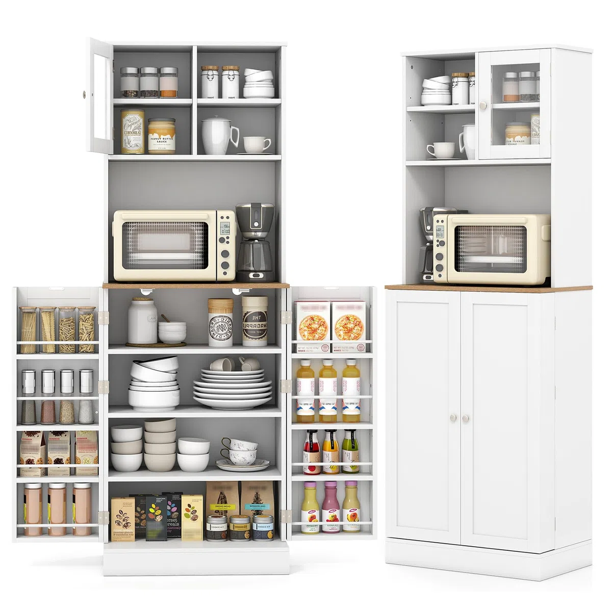 KOMFOTTEU Hohe Küchenschrank 170 cm mit verstellbaren Regalen, Buffetschrank mit Kabellöchern, Tür aus gehärtetem Glas, Buffet für Wohnzimmer, Esszimmer, Mehrzweckschrank 60 x 35 x 170 cm, Weiß