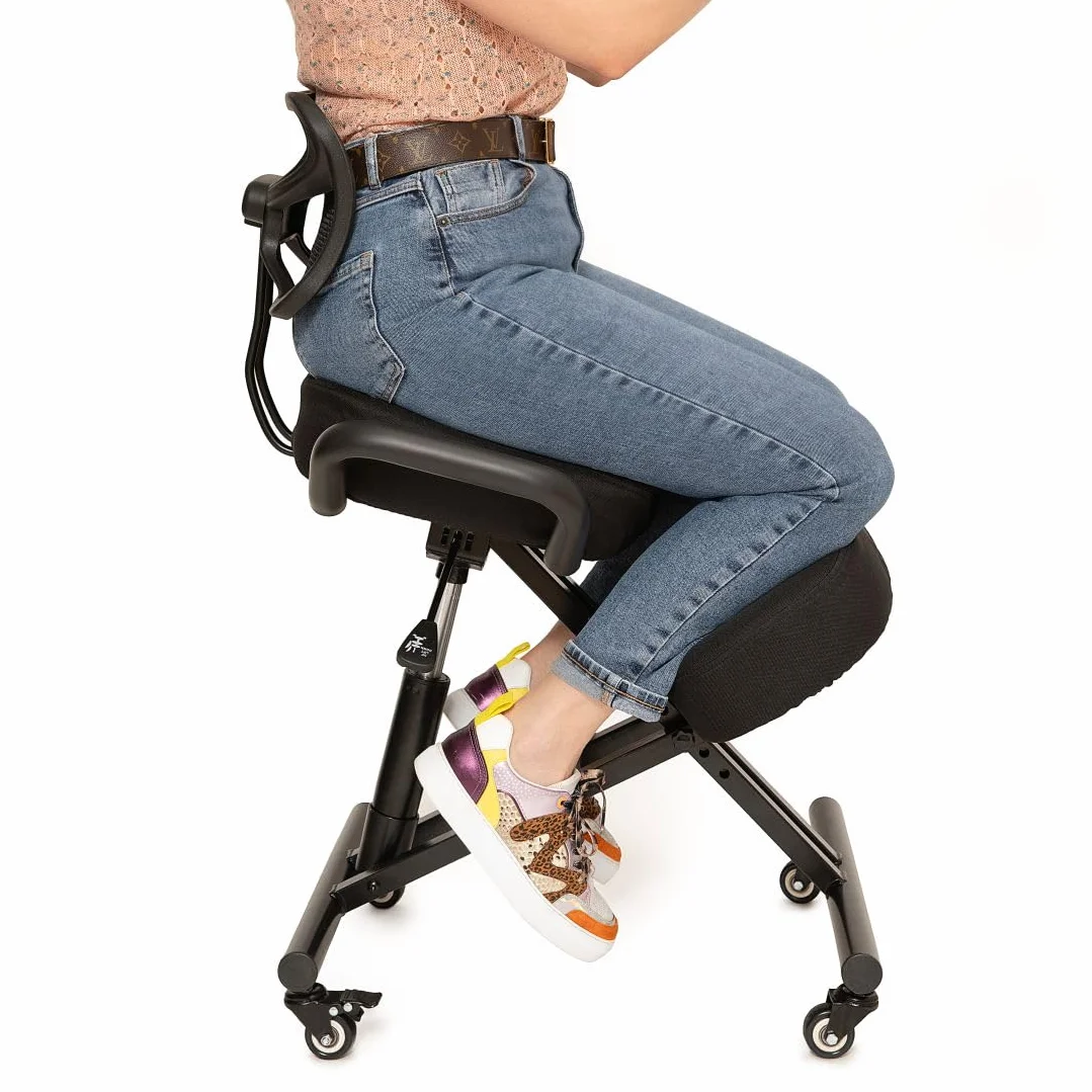 BLACK POINT O'KNEEL Ergonomischer Kniestuhl aus Öko-Leder für Zuhause und Büro (inklusive schwarzem Leinenbezug) Ergonomischer Bürostuhl