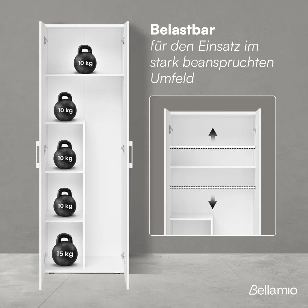 Bellamio Mehrzweckschrank Set 2-teilig – Schrank-Set mit Aktenschrank & Besenschrank in Weiß – Vorratsschrank mit Staubsaugerfach – Haushaltsschrank Holz 60 cm breit – Allzweckschrank 2 Stück