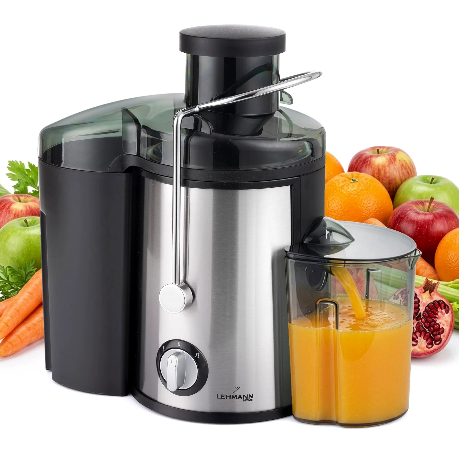 LEHMANN Zentrifugal Entsafter für Obst und Gemüse, Schnelle Saftzubereitung, 75 mm Einfüllschacht, BPA-frei, 2 Geschwindigkeiten, Leicht zu reinigen, elektrische Saftmaschine aus Edelstahl