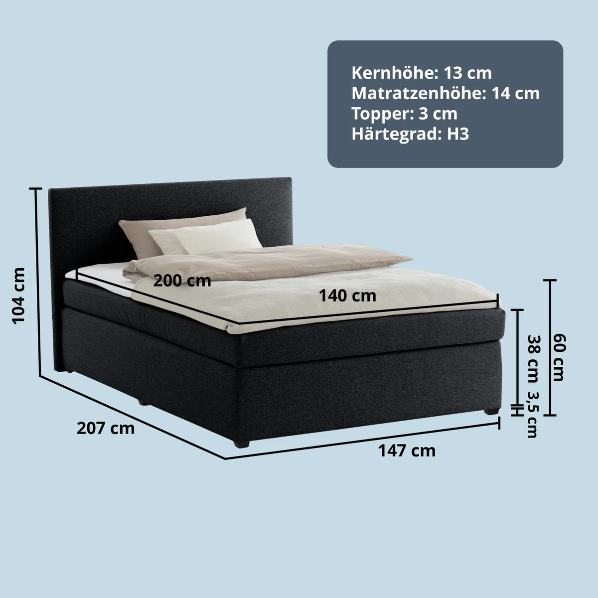 KHG Boxspringbett schwarz Härtegrad H3 mit Matratze Bonellfederkern und Topper 100% Polyester Schaumstoffkern Gestell Holzwerkstoff gepolstert stoffbezogen zeitlos