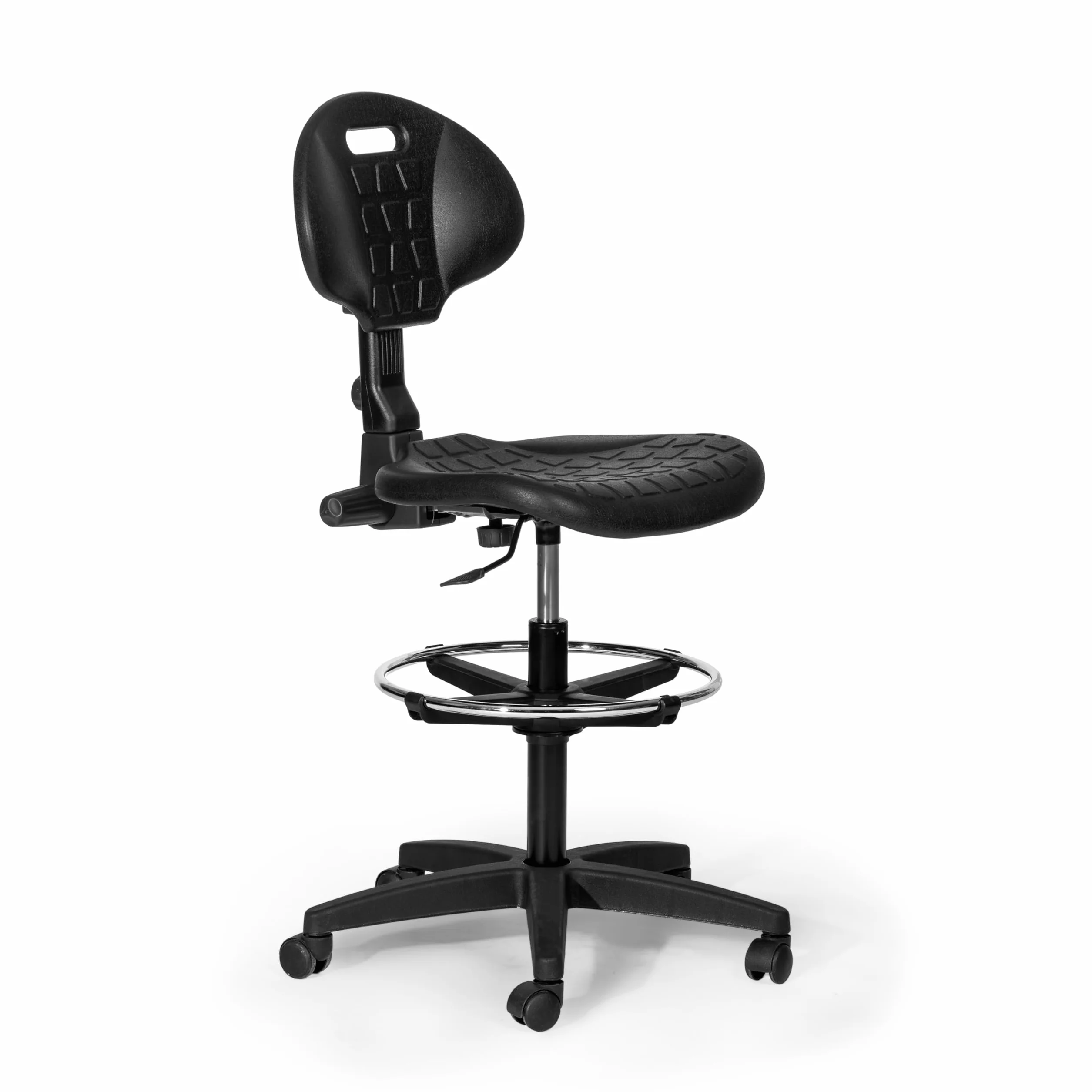 Topsit IND102 Arbeitsstuhl aus Polyurethan, ergonomischer Bürohocker, Werkstattstuhl, höhenverstellbar und mit Verstellbarer Rückenlehne, leicht zu reinigen, Stabiler Stuhl mit verstellbarem Fußring.
