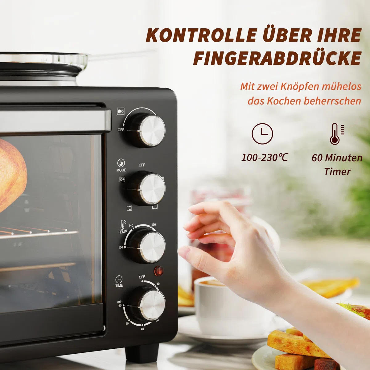 HOMCOM Minibackofen 28 L 2600W 100-230℃ Pizzaofen mit 60 Min. Timer, Grillrost 2 Kochplatten, Backblech, Mini Backofen mit Tablettgriff, Krümelblech, Schwarz