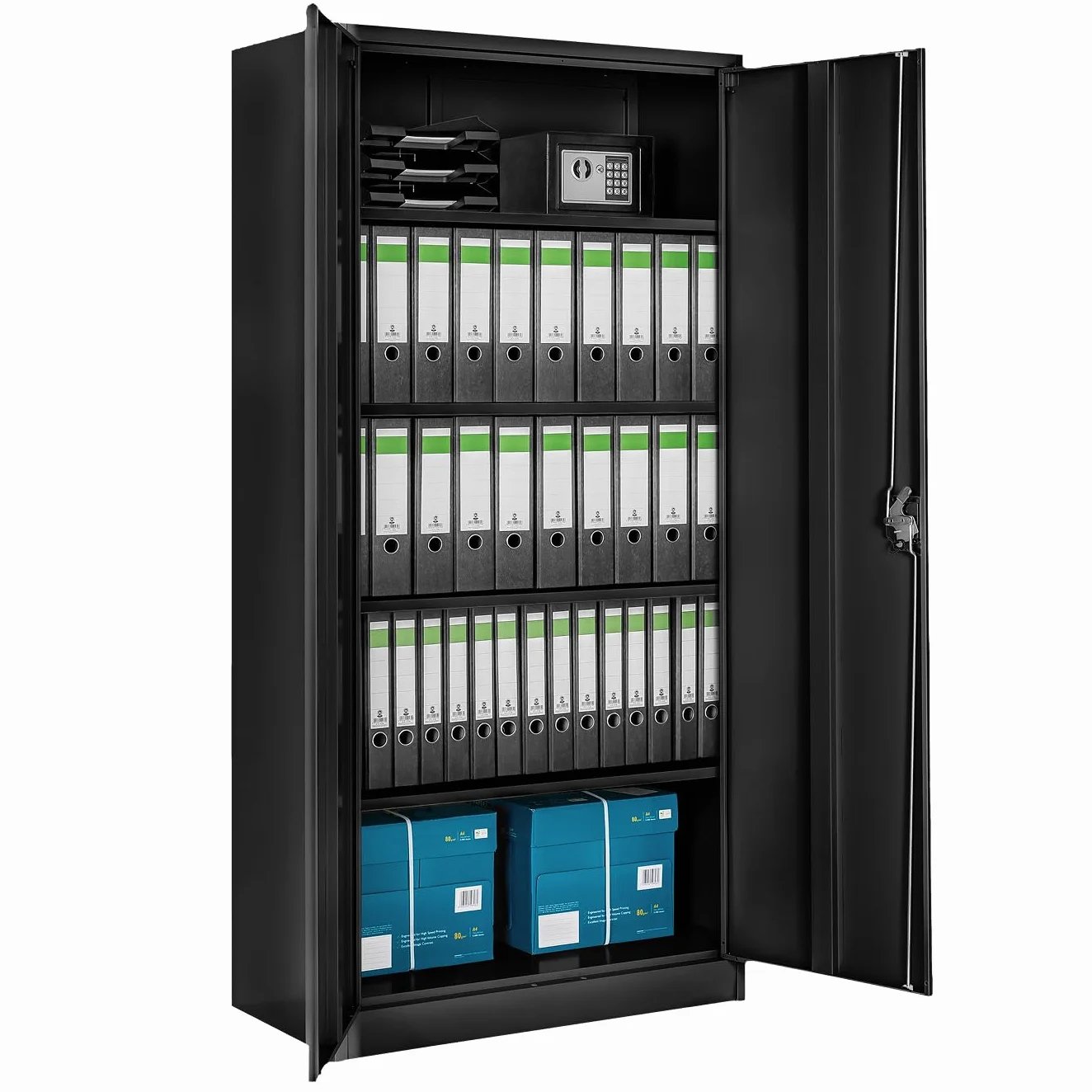 tectake® Aktenschrank, 180 x 90 x 40 cm, Büroschrank abschließbar, Mehrzweckschrank aus Stahl, Allzweckschrank, mit 2 Türen, Ink. 5 höhenverstellbare Einlegeböden, Aktenschrank abschließbar - schwarz