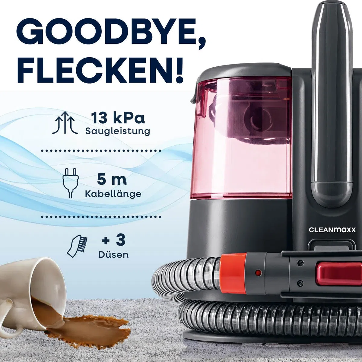 CLEANmaxx Pro Power Polsterreiniger Gerät 600W Rot | leistungsstarker Waschsauger mit Dual-Tank & Selbstreinigung | ideal für Sofa Auto Teppich Polster | starke Fleckenentfernung