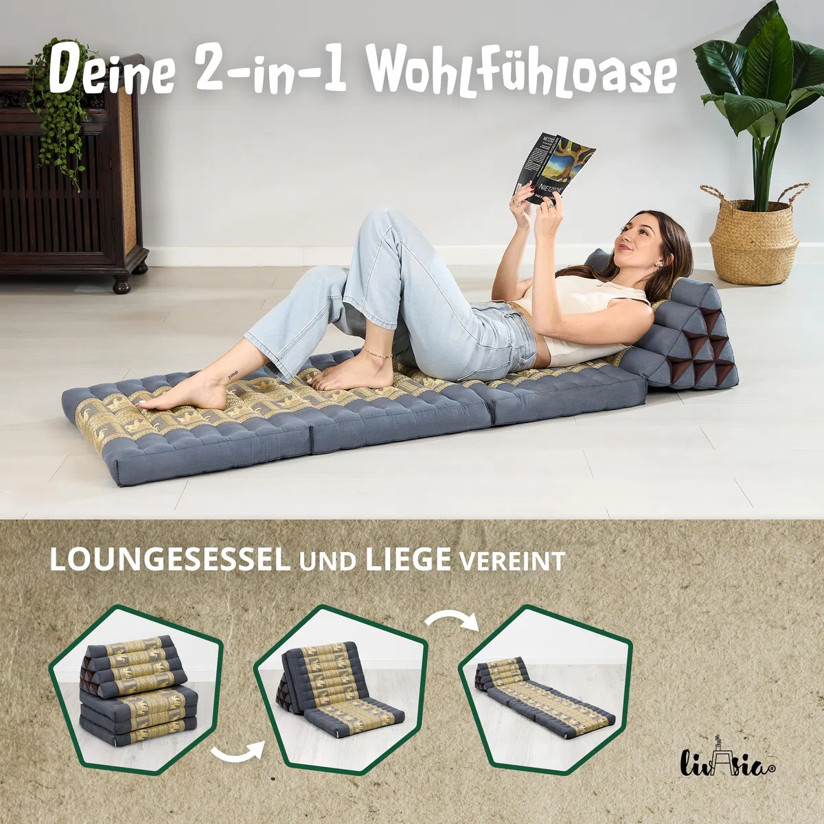 livasia Thaikissen 3 Auflagen Thaiseide - 175x55x8cm - Dreieckskissen mit Klappmatratze, Rückenkissen faltbar, Thaimatte zum Klappen, Kapok handgefertigt, Meditationskissen (Grau/Elefanten Seide)