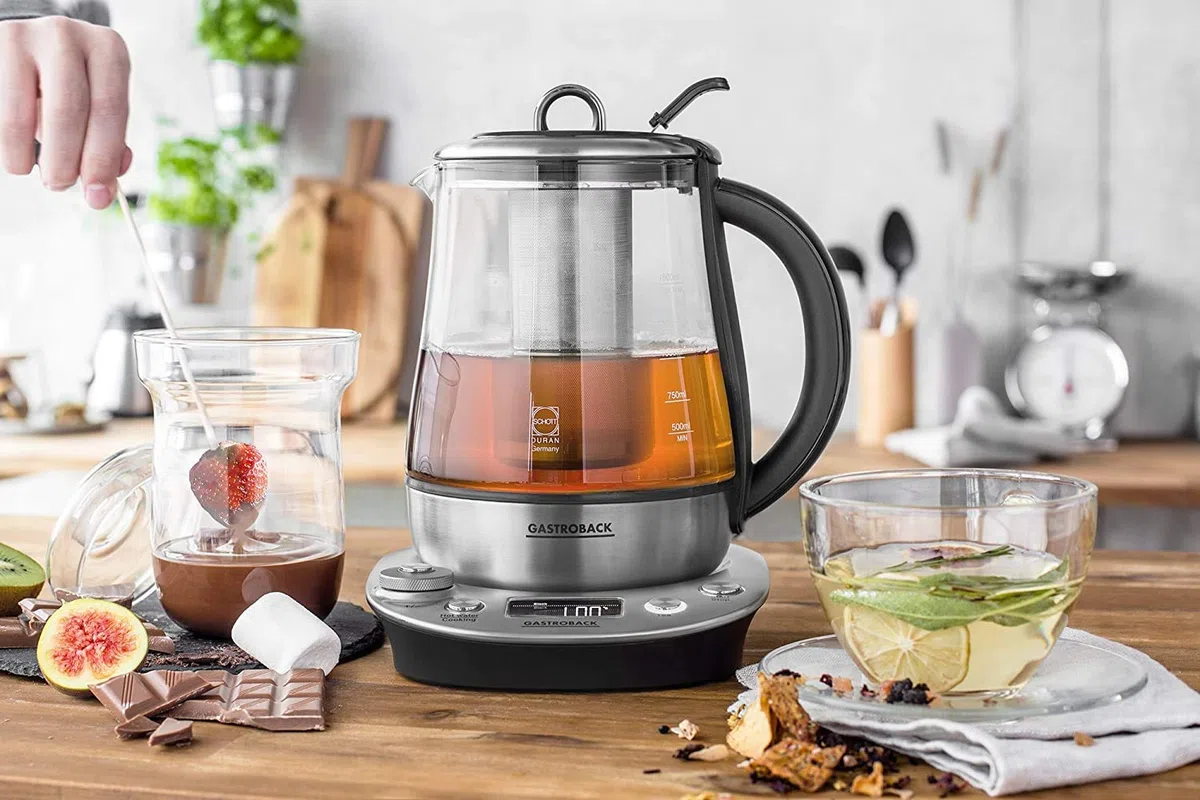Gastroback 42438 Design Tea and More Advanced Automatischer Teekocher und Wasserkocher, Multifunktionsgarer, Edelstahl/Glas
