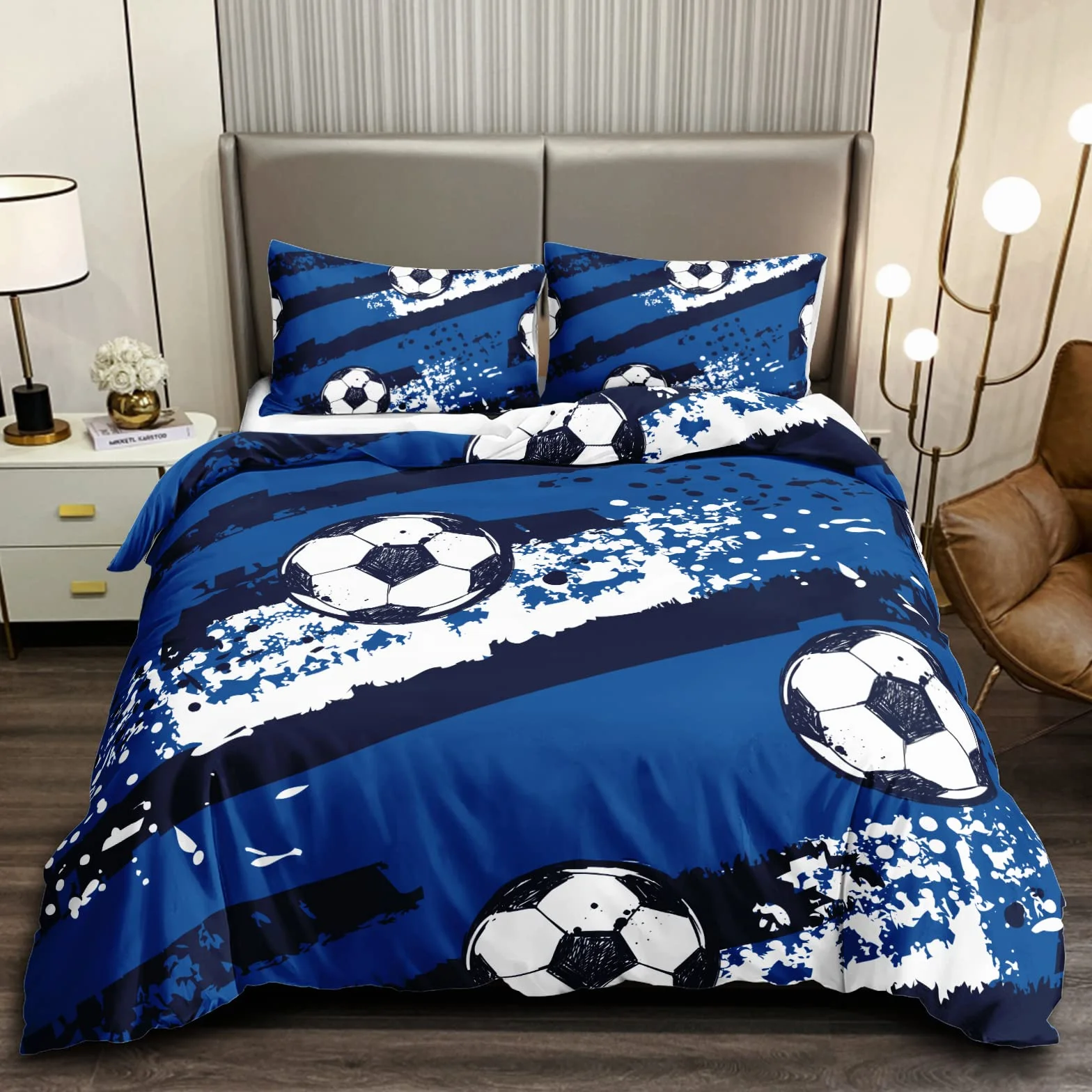 HOSIMA Fußball Bettwäsche 155x220cm für Kinder, Jungen Teenager Sport Bettbezug-Set für Einzelbett, Moderne Bedruckte Bettbezüge mit Reißverschluss und 80x80cm Kissenbezug