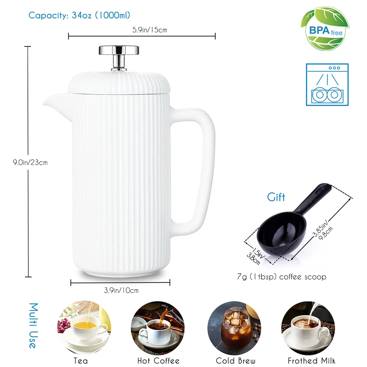 Easyworkz Porzellan-French-Press, 1000ml, Kaffeemaschine mit Edelstahl-Kolben, Elfenbein
