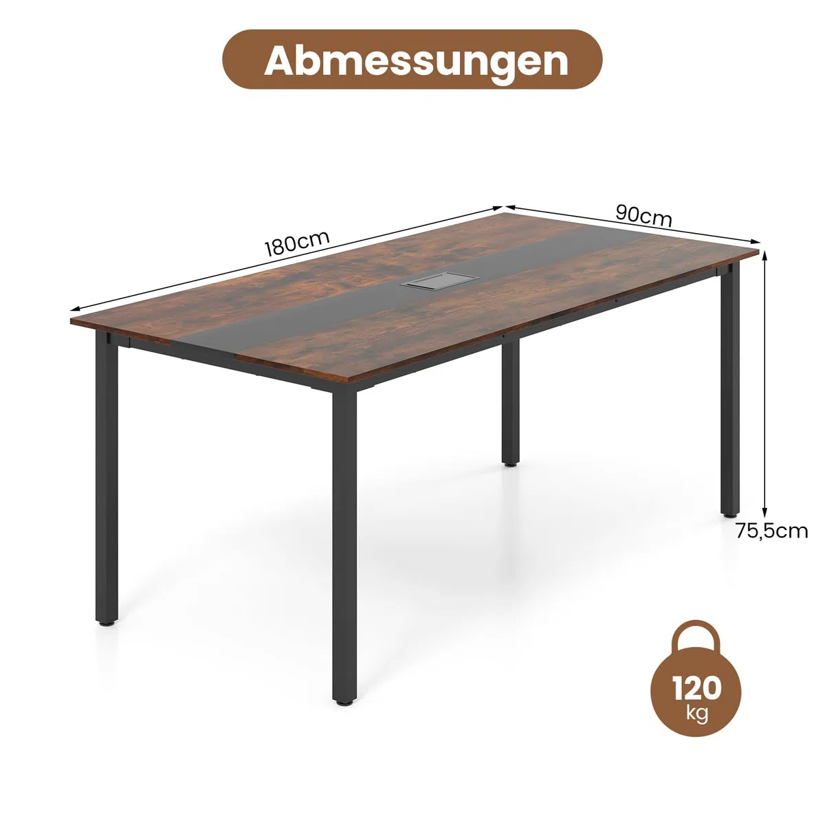 COSTWAY Konferenztisch 180x90cm, Besprechungstisch für 8-10 Personen, rechteckiger Seminartisch mit Kabeldurchführung für Büro, Konferenzraum, rustikal Braun