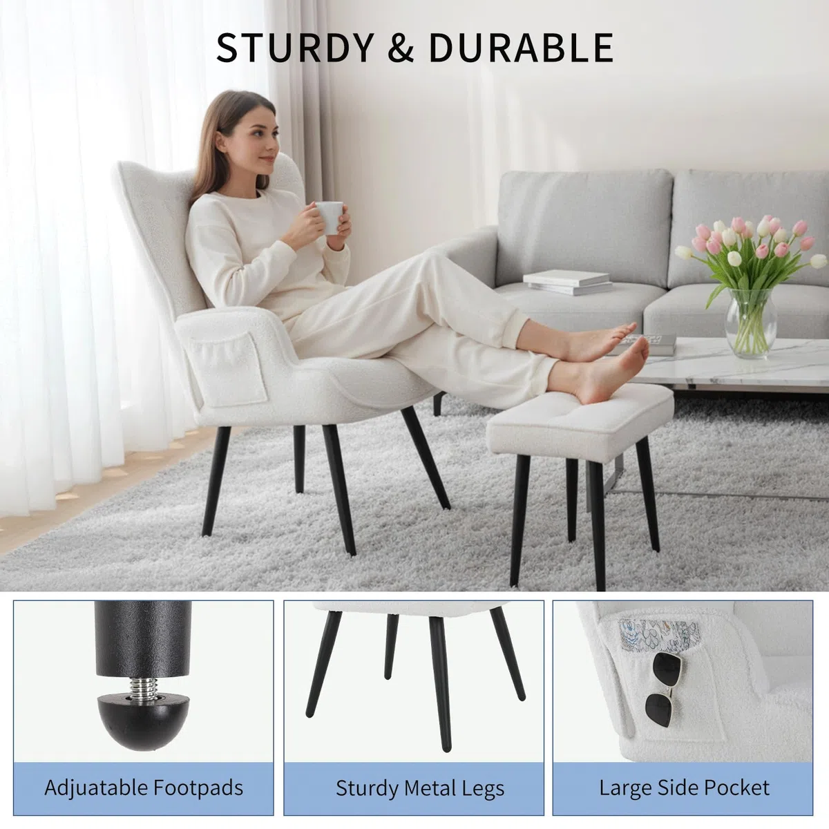 CLEVICH Ohrensessel - Gemütlicher Loungesessel mit Hocker, Lesesesselaus, Teddystoff Armchair für Wohnzimmer & Schlafzimmer - Bis 168kg, Weiß