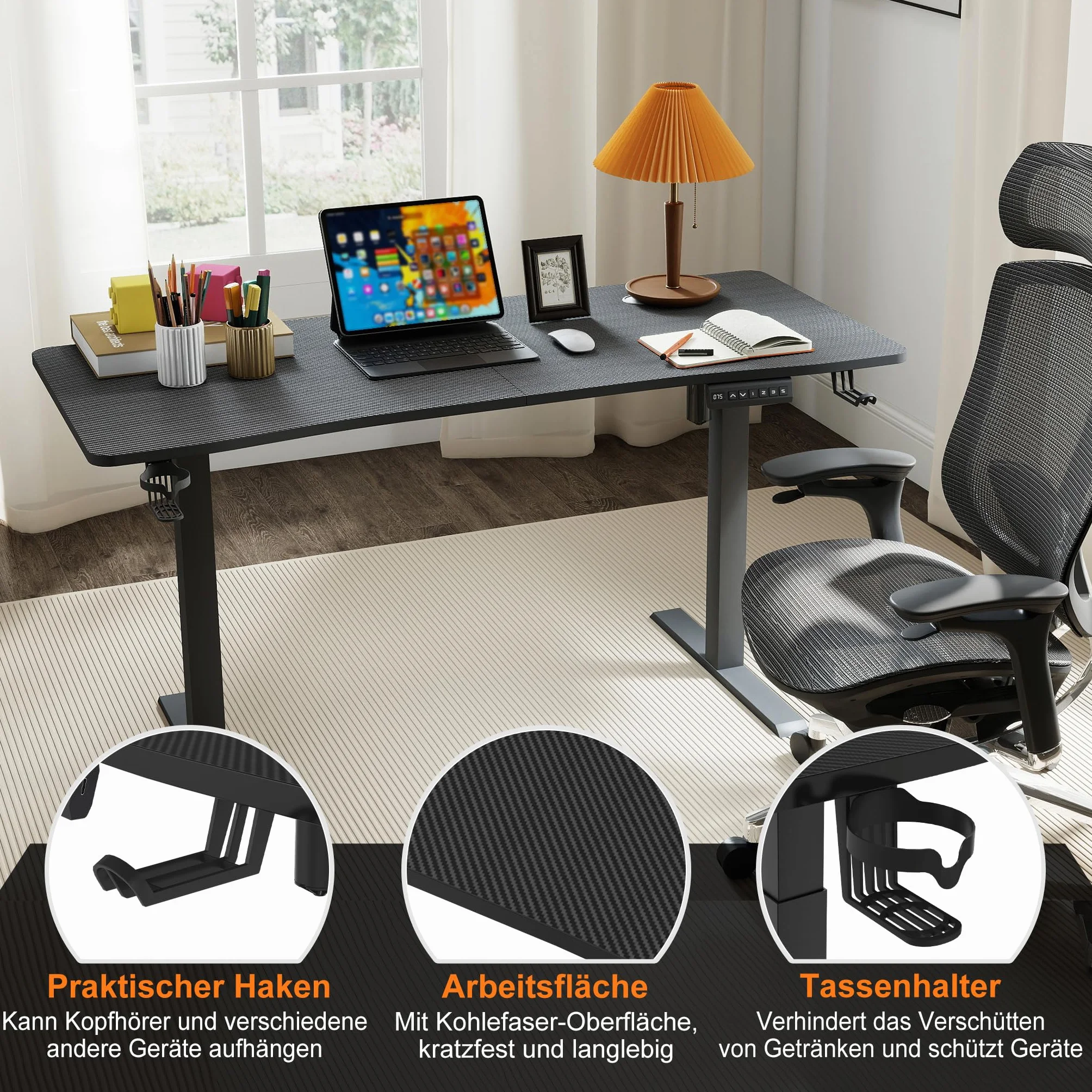 Froadp Höhenverstellbarer Schreibtisch 160x60cm Elektrischer Computertisch mit Memory-Funktion und Type C Ladeanschluss Verstellbarer Tisch Büro- und Gaming-Schreibtisch Schwarz, Tragkraft 80kg