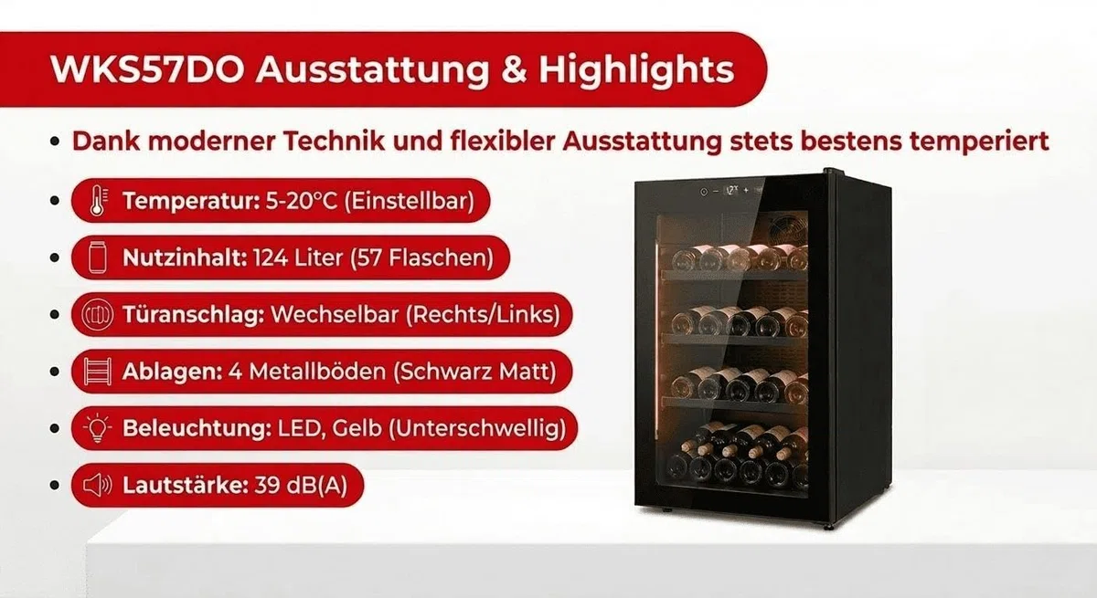 PKM Weinkühlschrank WKS57DO, für 57 Flaschen, 124 L Nutzinhalt