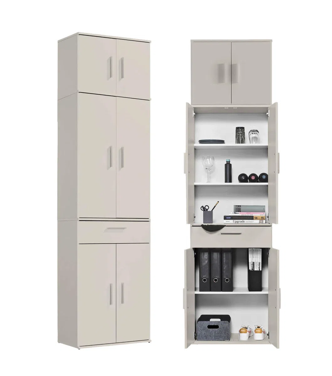 mokebo Mehrzweckschrank Büroschrank Kaschmir (230x60 cm) 'Der Extralange' Made in Germany aus Holz extra hoch mit 48 Türen Aktenschrank Schuhschrank Grau Beige