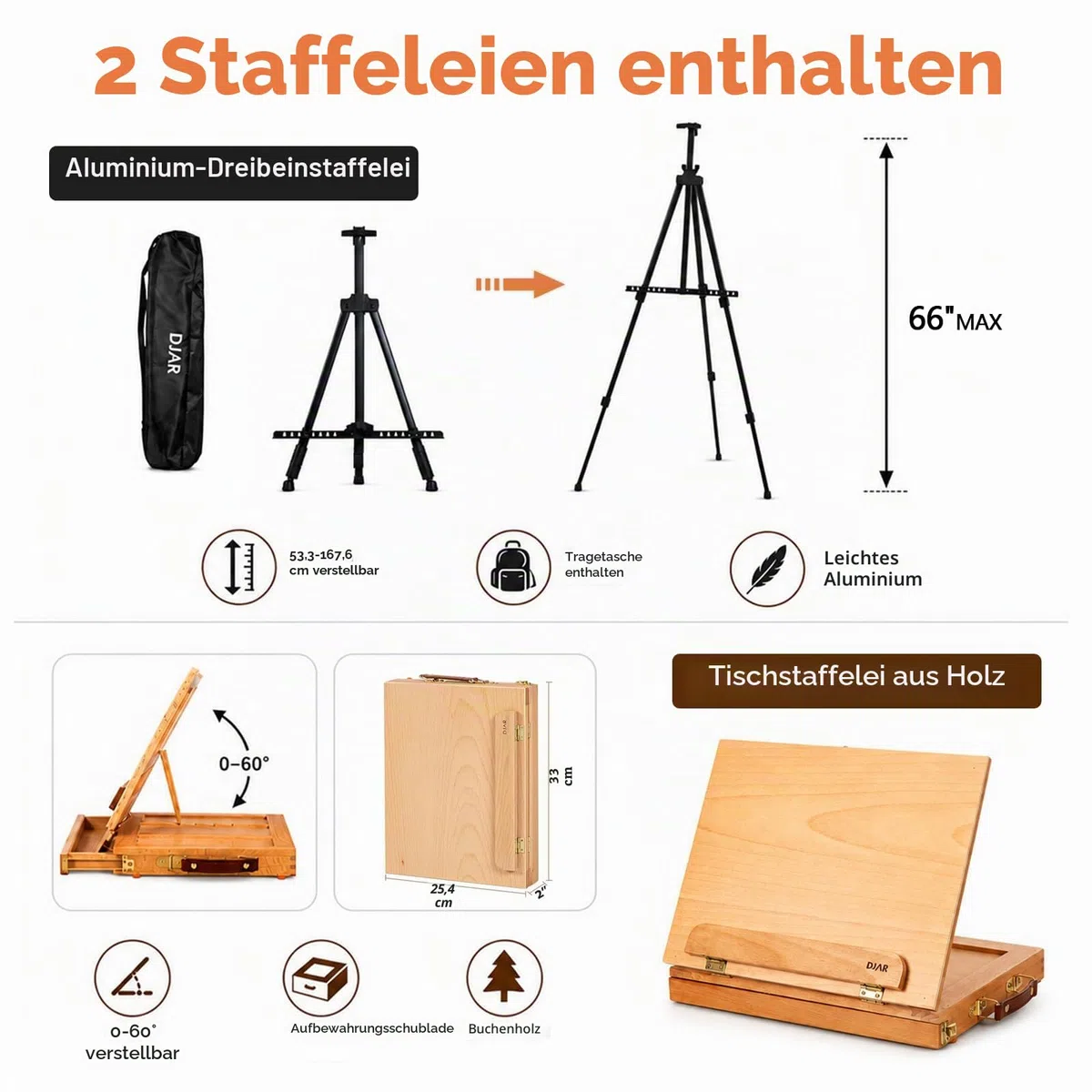 DJAR Professionelles All-in-One-Kunstmalerei-Set mit FSC-zertifizierter Staffelei aus Buchenholz, 96 Acryl-, Aquarell- und Ölfarben-Set, komplettes Malset für Erwachsene, Künstler, Anfänger, 174