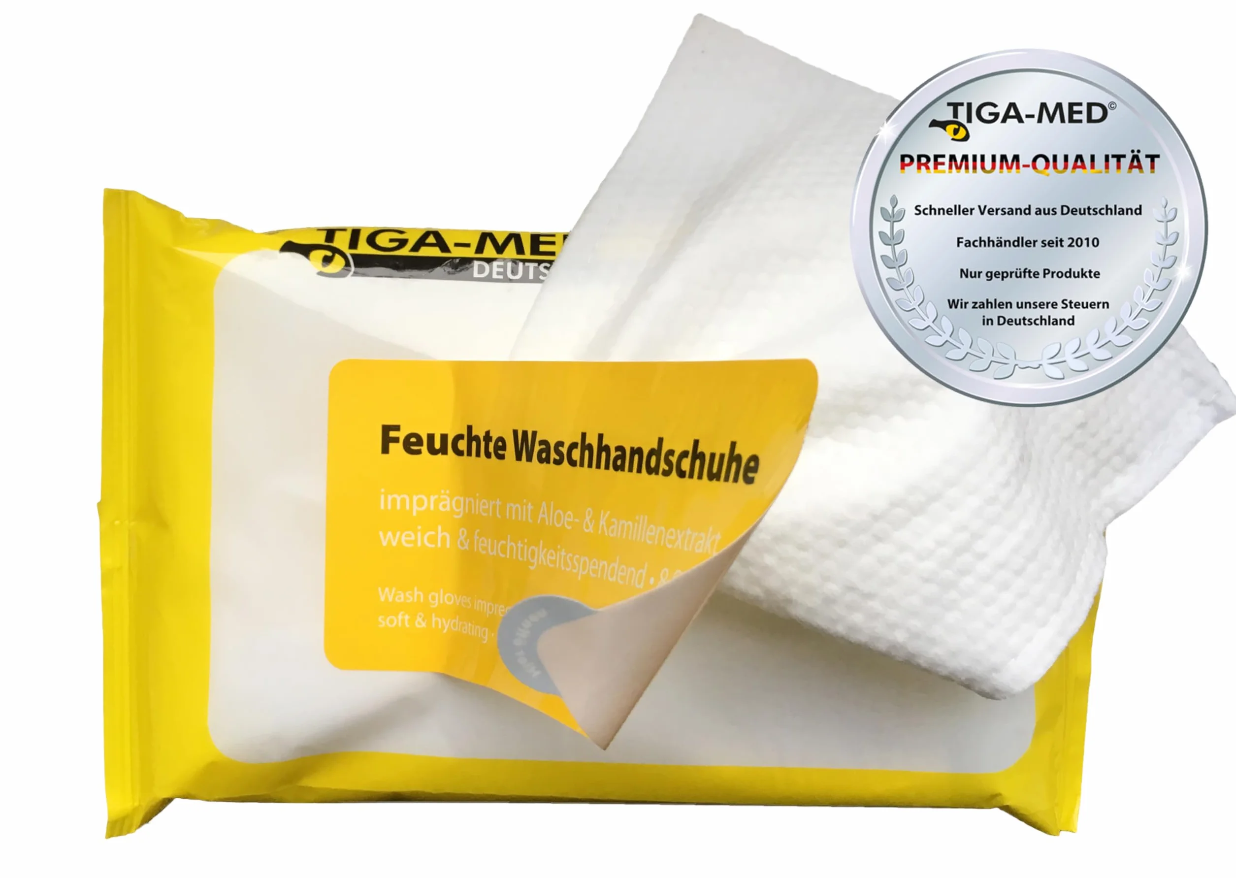 TIGA-MED Feuchte Waschhandschuhe – 24×8 Stück (192) – mit Aloe Vera & Kamillenextrakt vorimprägniert – Einmal-Waschhandschuh für Pflege, Alltag & unterwegs