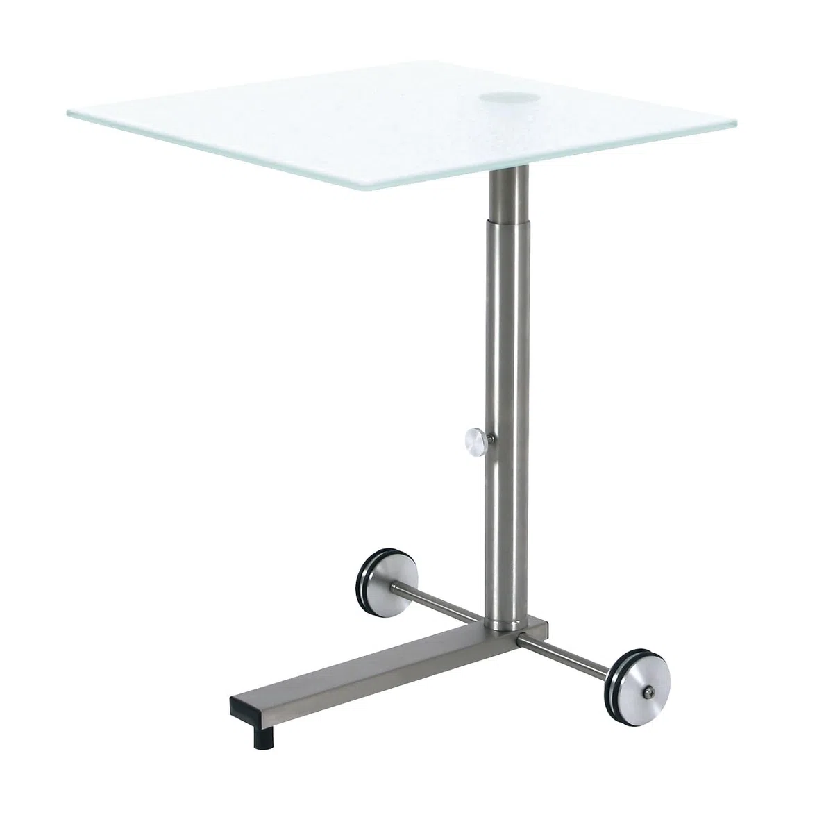 Ebinger Couch- und Beistelltisch in Edelstahl höhenverstellbar und fahrbar 450x450 mm Satinierter ESG-Sicherheitsglasplatte Tischhöhe max. 650 mm P739.35.6