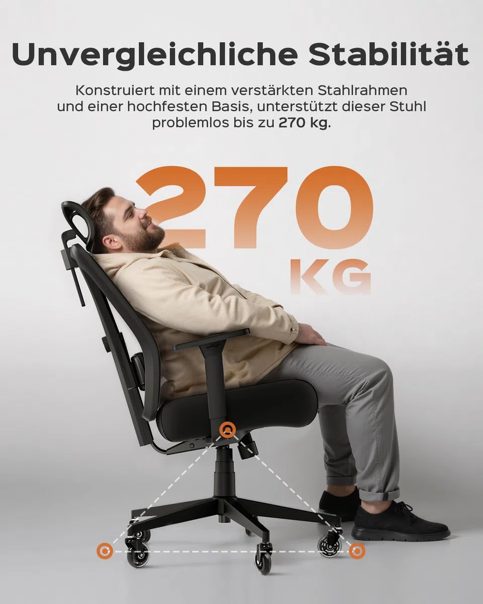 Dowinx Bürostuhl 270 kg, Ergonomischer Schreibtischstuhl mit Dicker Sitzpolsterung, Verstellbarer Lendenstütze, Höhenverstellbarer Rückenlehne, 3D-Armlehnen, Metall-Fuß, Schwarz