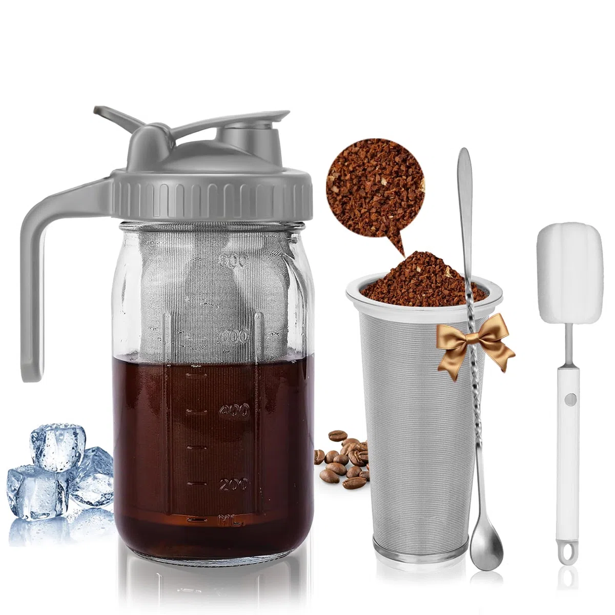 Kaltgebrüh-Kaffeemaschine mit grauer Abdeckung, 800 ml Glaskaraffe mit Edelstahlfilter, luftdichter Deckel