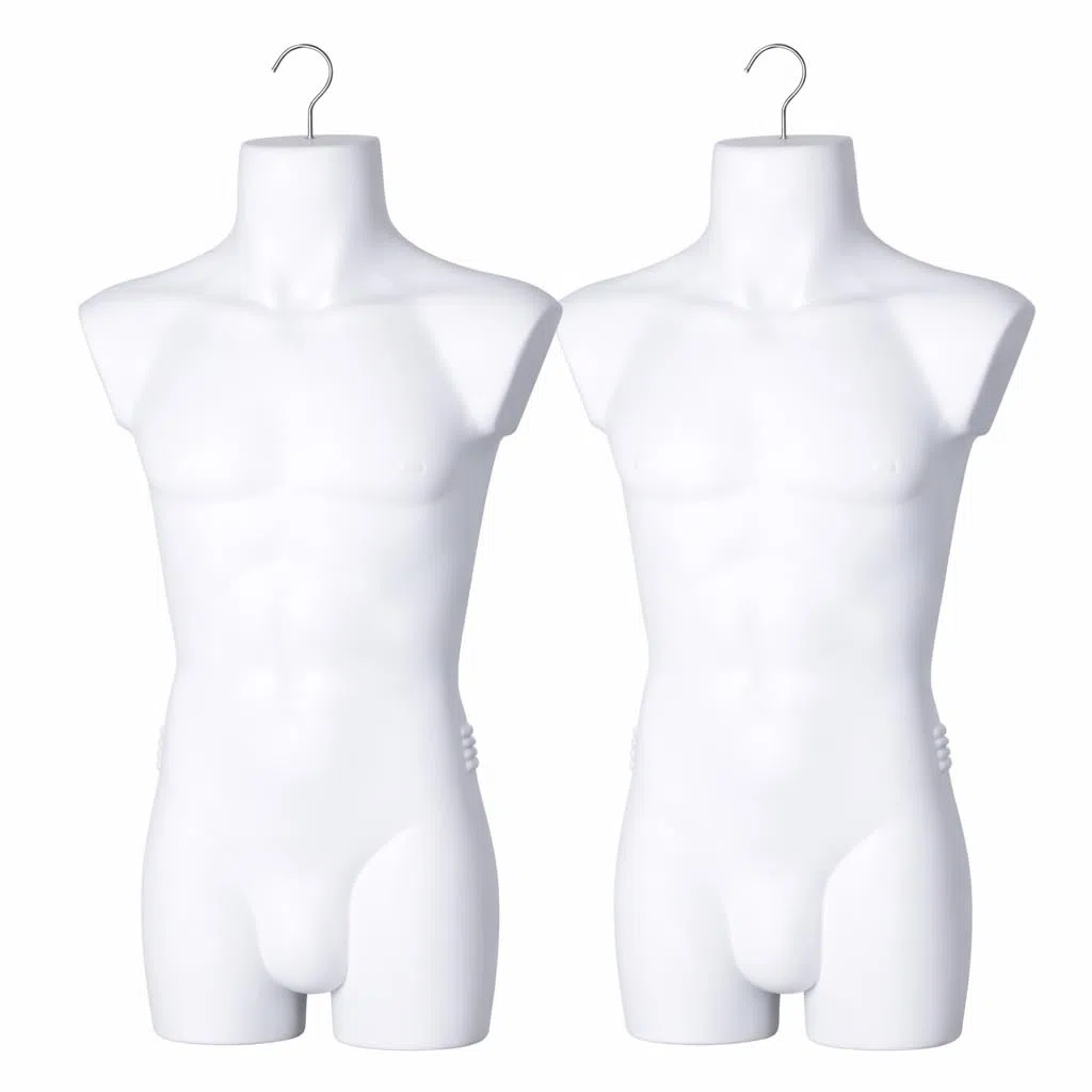 2er Set Torso männlich - Herrentorso lebensecht aus Kunststoff - Oberkörper Halbplastik in Farbe Weiß - Mannequin Büste - Halbschale Herrenbody - Schaufensterpuppe mit Haken - 2 Stück Dekotorso