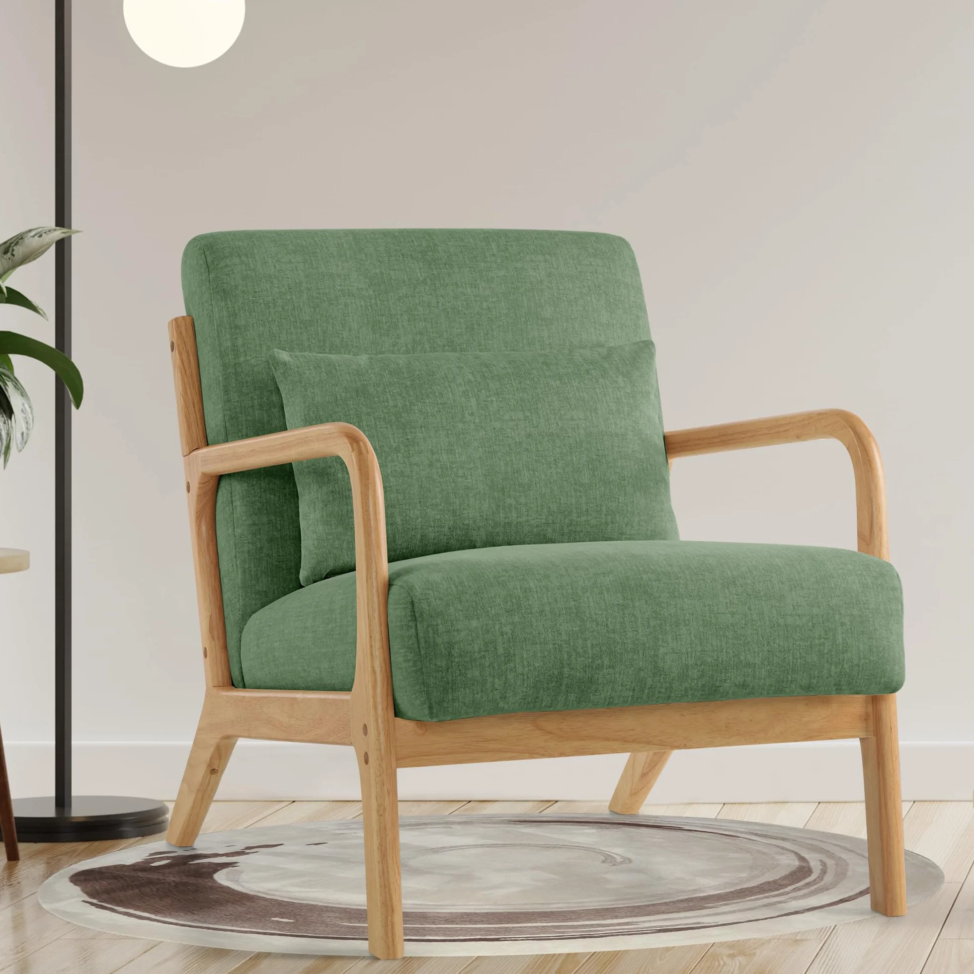 Lounge-Sessel, Akzentstuhl mit Kissen, Polstersessel mit Holzrahmen & Armlehnen, Moderner Lesesessel für Wohnzimmer, Schlafzimmer, Leseecke & Büro (81.5 x 63.5 x 74.5 cm, Grün)