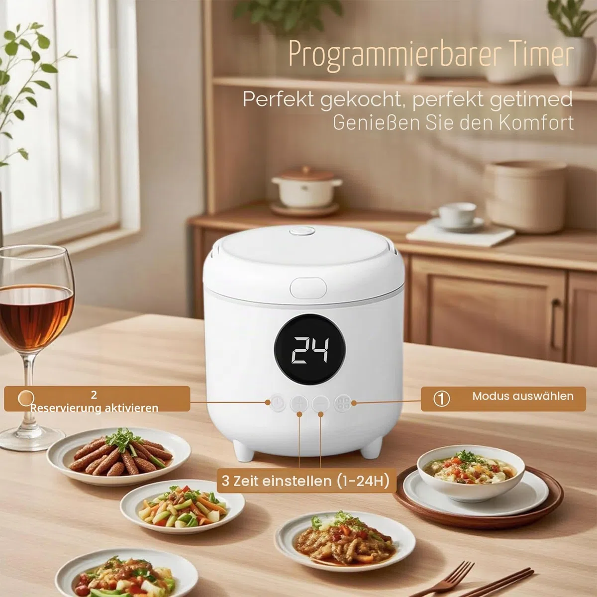 Reiskocher Klein, 3 Tassen (für 1-3 Personen), 6-in-1 Multikocher mit Slow Cook, 300W, Kompakt, Weiß