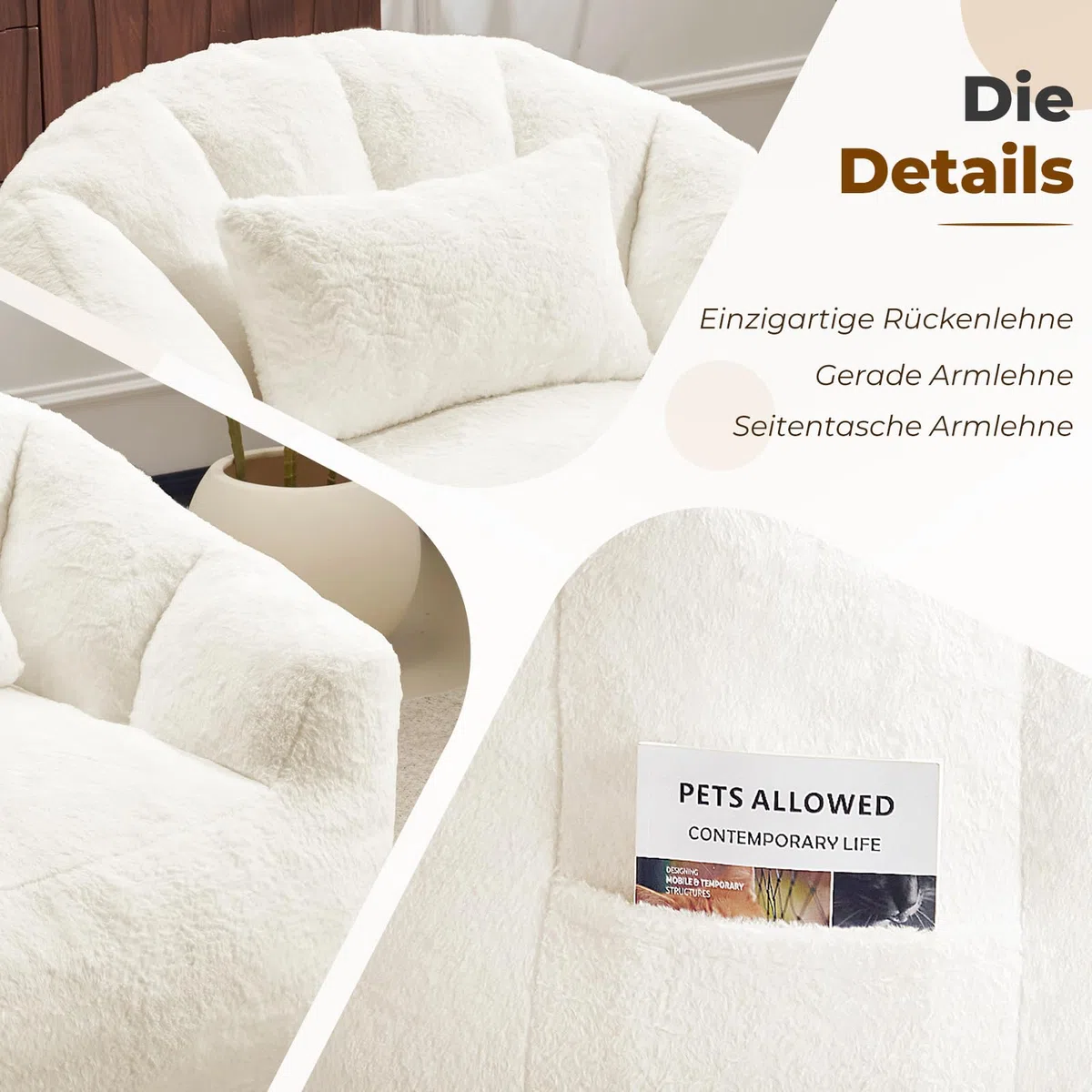 Sitzsack für Erwachsene, Flauschiger Loungesessel aus Kunstfell mit Kissen, Belastbarkeit bis 160 kg, Vakuumverpackt & ohne Montage, für Wohnzimmer, Schlafzimmer, Balkon, Weiß