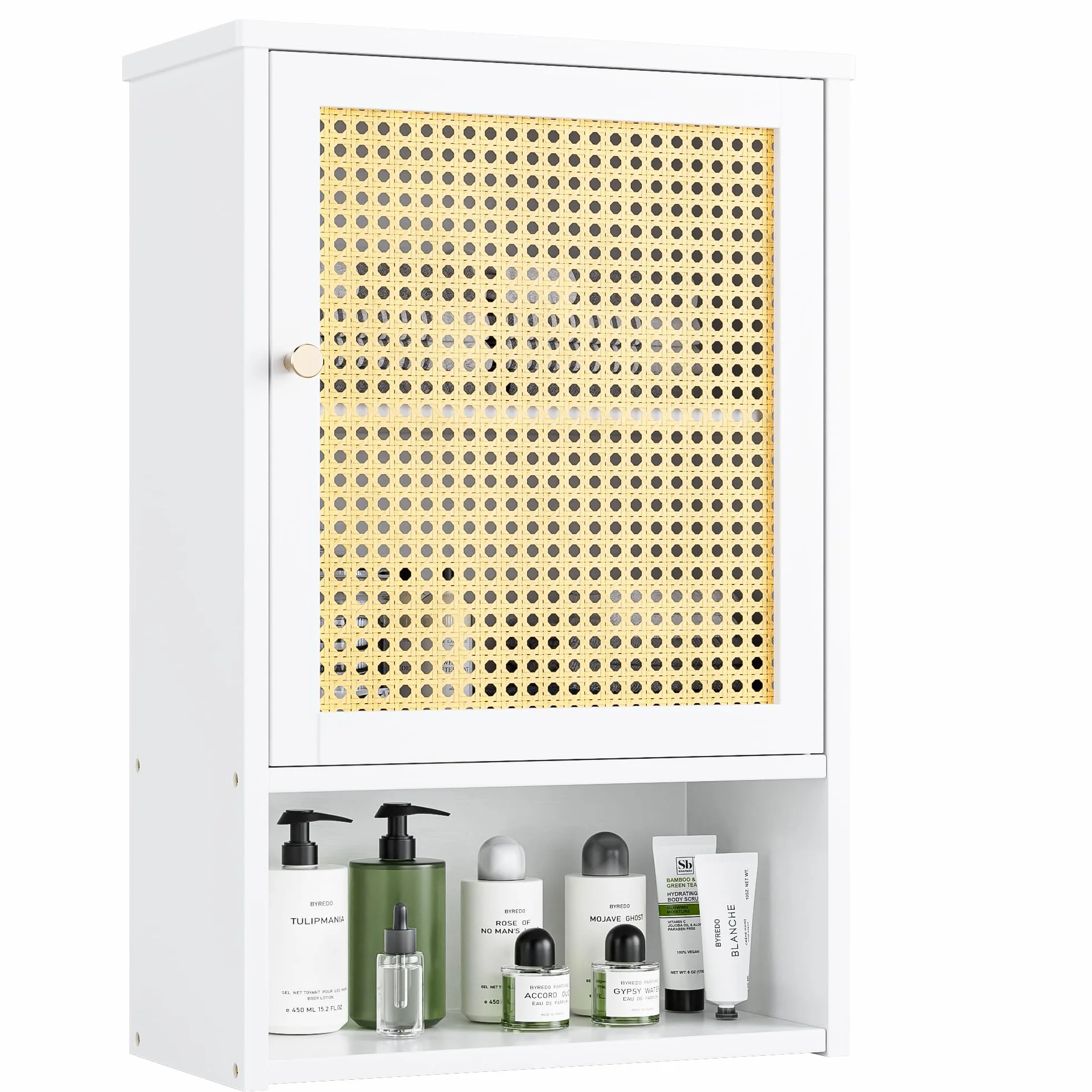 Badezimmer-Wandschrank, Bambus-Aufbewahrungsorganisator über der Toilette mit Rattantüren und verstellbarem Regal, platzsparender Medikamentenschrank für Wäsche, Küche, Wohnzimmer (Weiß)
