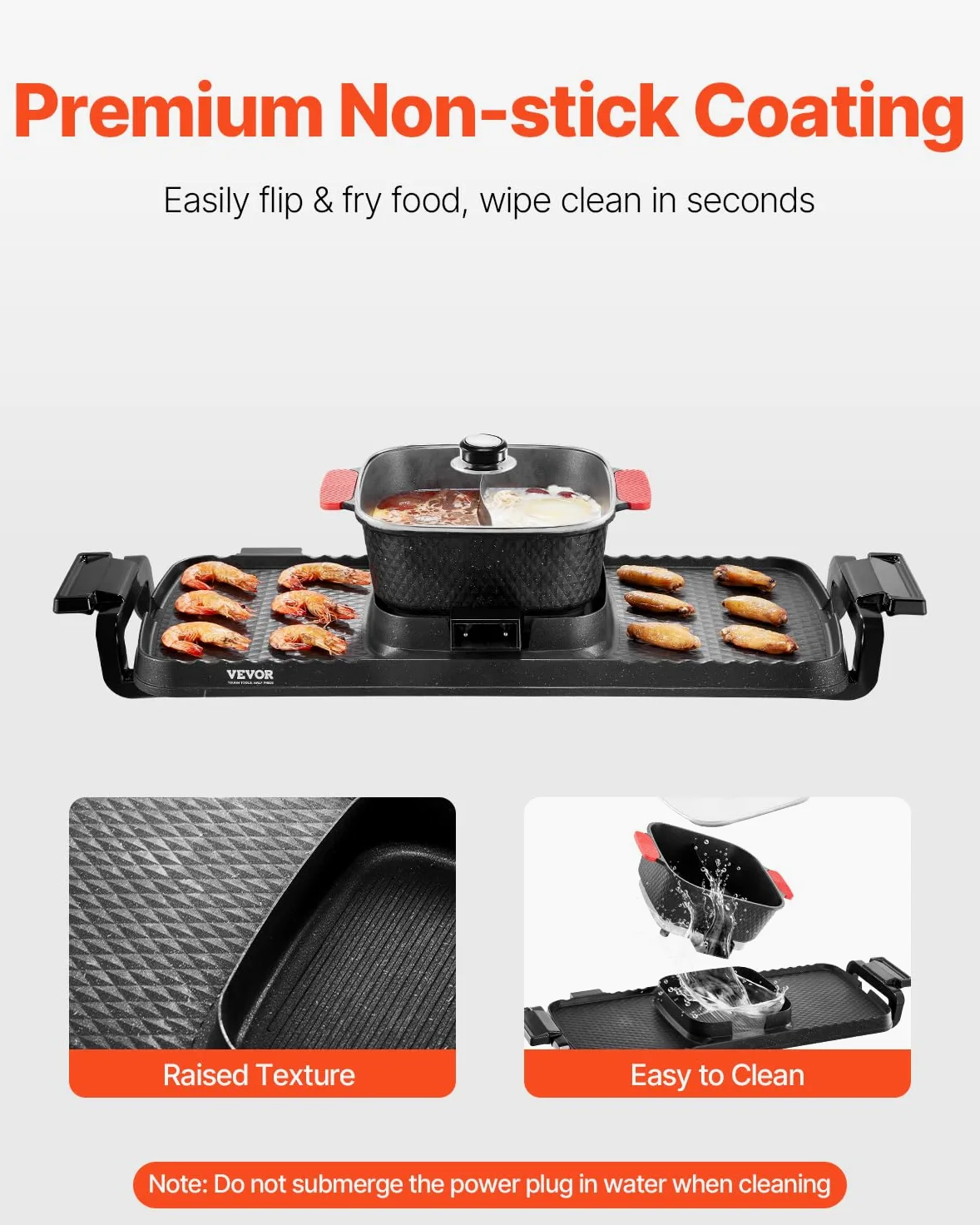 VEVOR Hot Pot 2300 W 2 in 1 elektrischer rauchfreier Grill abnehmbarer Shabu-Shabu-Topf mit Antihaft-Pfanne, separate doppelte Temperaturregelung, koreanischer Indoor BBQ Grill für 1–6 Personen