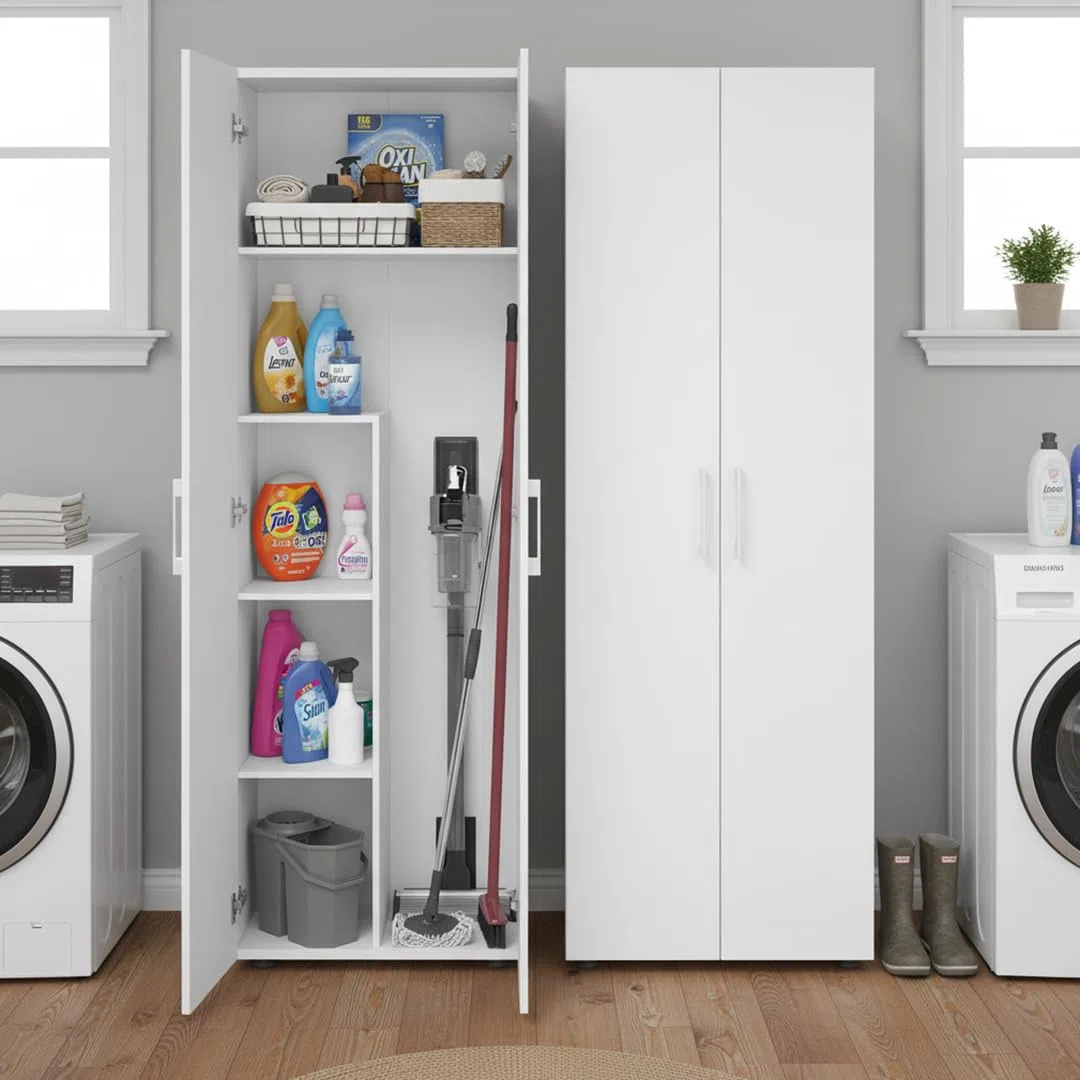 Bellamio Mehrzweckschrank Set 2-teilig – Schrank-Set mit Aktenschrank & Besenschrank in Weiß – Vorratsschrank mit Staubsaugerfach – Haushaltsschrank Holz 60 cm breit – Allzweckschrank 2 Stück