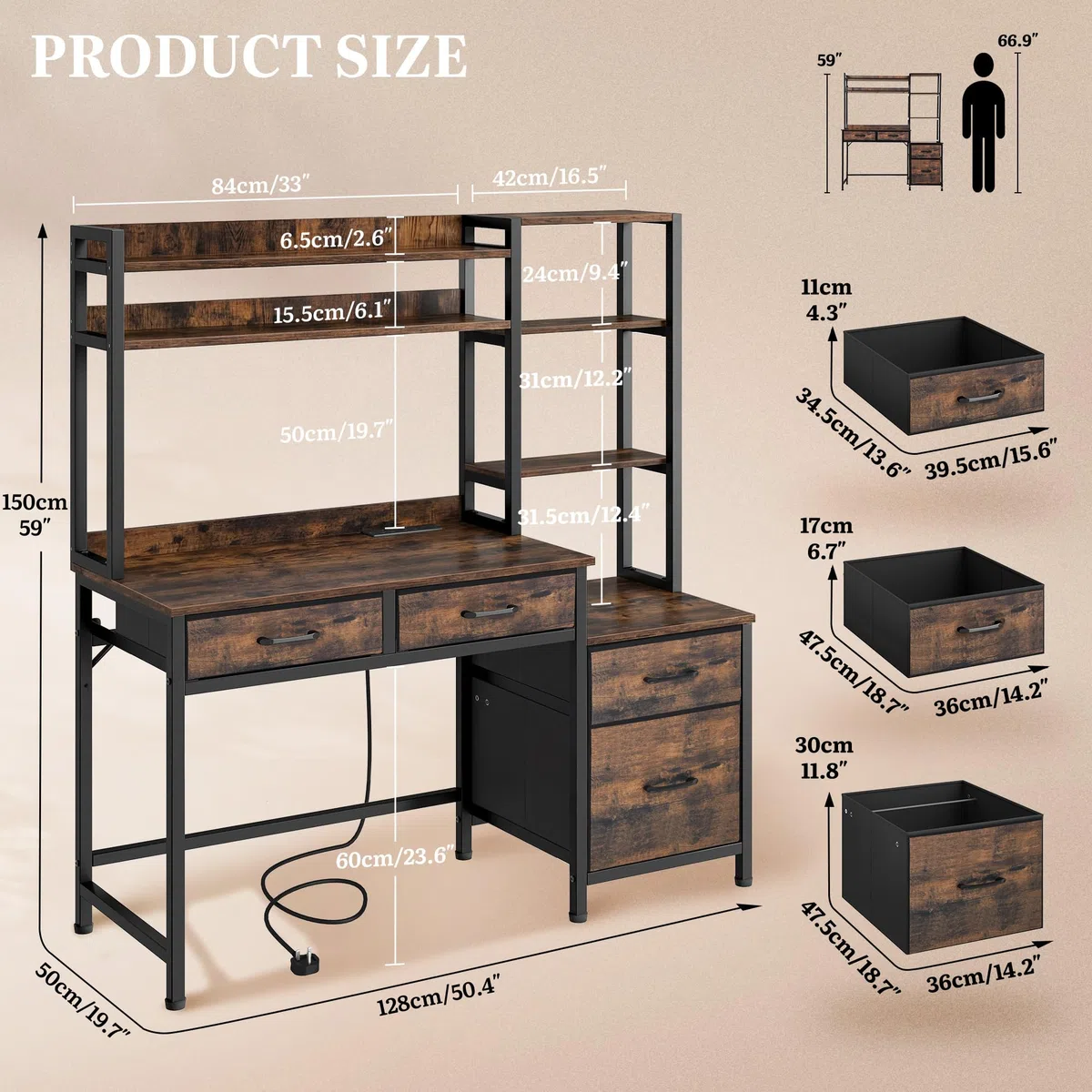 YITAHOME Computer Schreibtisch mit Schubladen, 128 x 50 x 150 cm Computertisch Aufbewahrungen & Regale, Gaming Tisch Arbeitsstationen mit LED Licht & Steckdosen, Home Office Eckschreibtisch, Braun