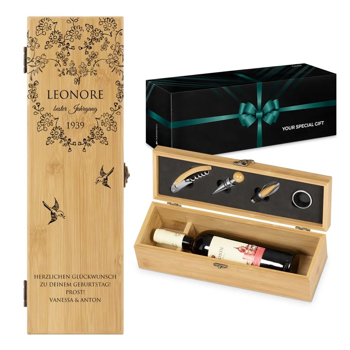 Maverton Weinbox für 0,7L Weinflasche - Wein Holzbox personalisiert + 4er Weinzubehör - Weinset Weinkiste - aus Bambus - Braun - Geschenk zum Geburtstag für Frauen - Bester Jahrgang