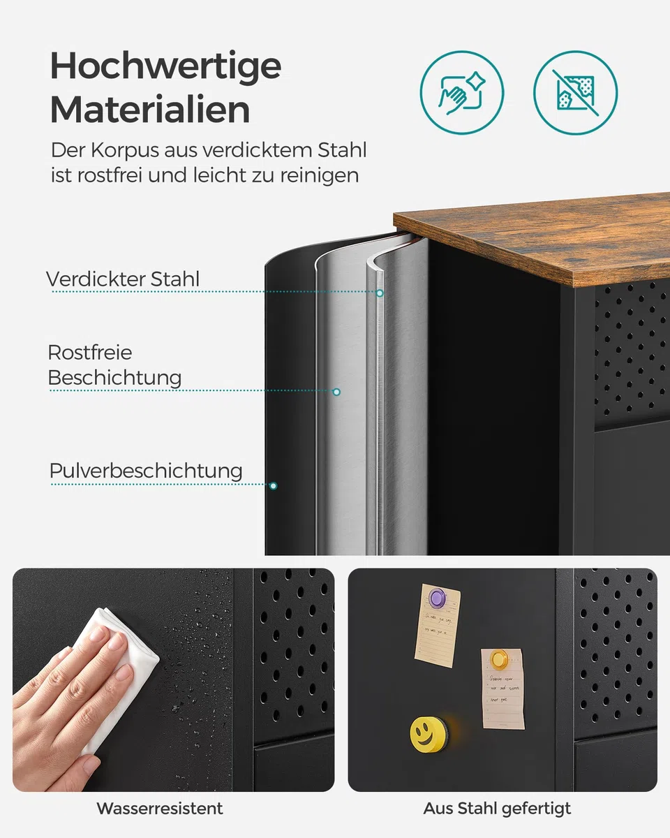 SONGMICS Aufbewahrungsschrank, Metallschrank, mit Doppeltür, Magnetverschluss, Verstellbarer Einlegeboden, Stahlgestell, 40 x 80 x 76 cm, vintagebraun-schwarz LSC102B01