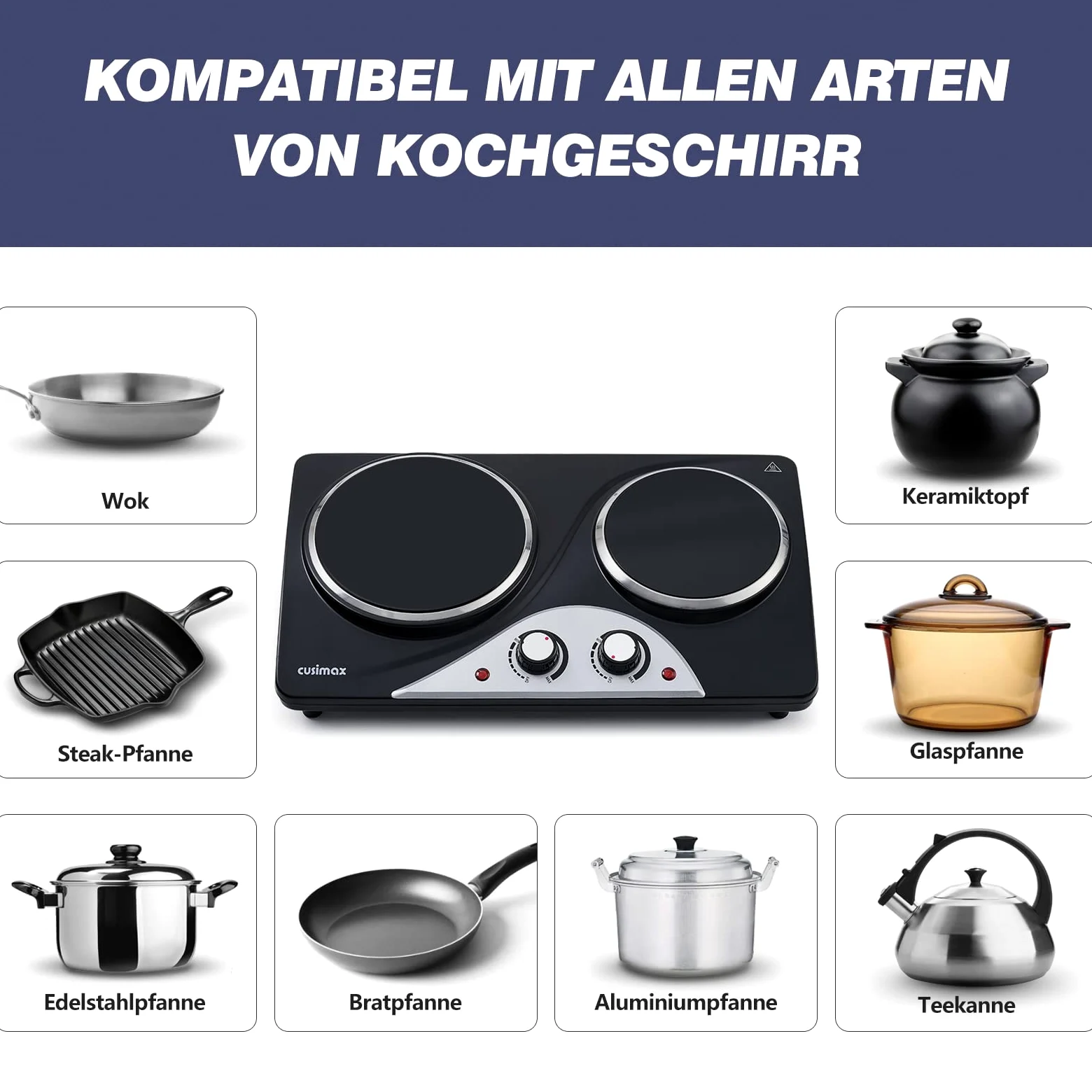 Doppelkochplatte, CUSIMAX 2100W kochfeld 2 platten mit Infrarot-Wärme, mobile herdplatte 2 kochfelder für camping, Edelstahl kochplatten 2er elektrisch mit einstellbarer Temperatur, Schwarz