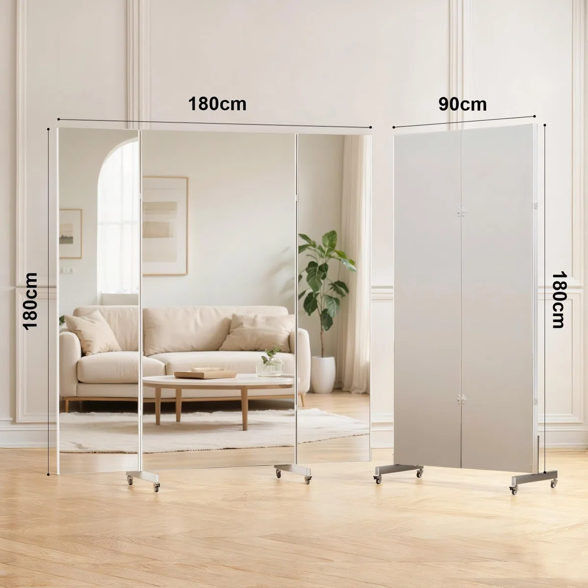 brisafe 180 x 190cm Ganzkörperspiegel, Dreifach Faltbarer Standspiegel auf Rollen, 3 Wege große Spiegel Unzerbrechlicher Fitness Tanzspiegel für uhause, Fitnessraum Studio, Schlafzimmer, Weiß