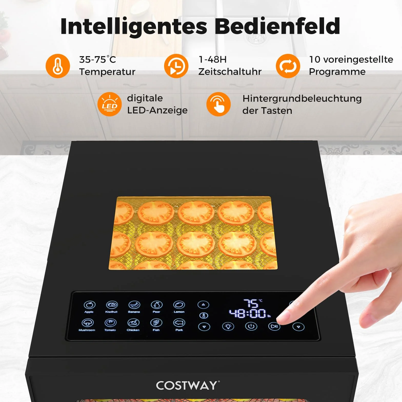 COSTWAY 850W Dörrautomat inkl. 10 Edelstahl-Schalen, Dörrgerät mit 10 voreingestellten Programmen, 48H Timer & 30-75℃ Temperatur, Lebensmittel-Trockner für Obst, Gemüse, Fleisch