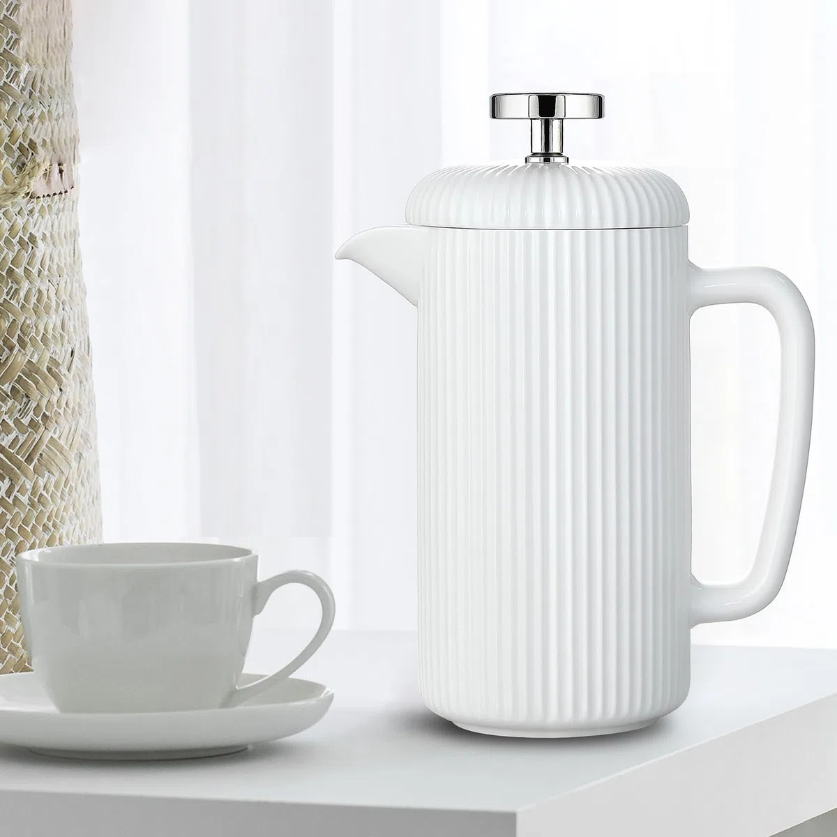 Easyworkz Porzellan-French-Press, 1000ml, Kaffeemaschine mit Edelstahl-Kolben, Elfenbein