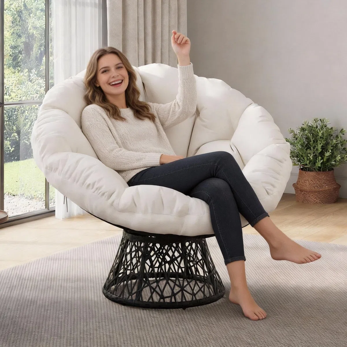Drehbarer Papasan Stuhl Belastbar Bis 350 LBS, 360° Rundsessel Mit Extra Dicker Polsterung & Wetterfestem Kissen, Rattan-Look Sessel Für Indoor & Outdoor, Wohnzimmer, Balkon & Garten
