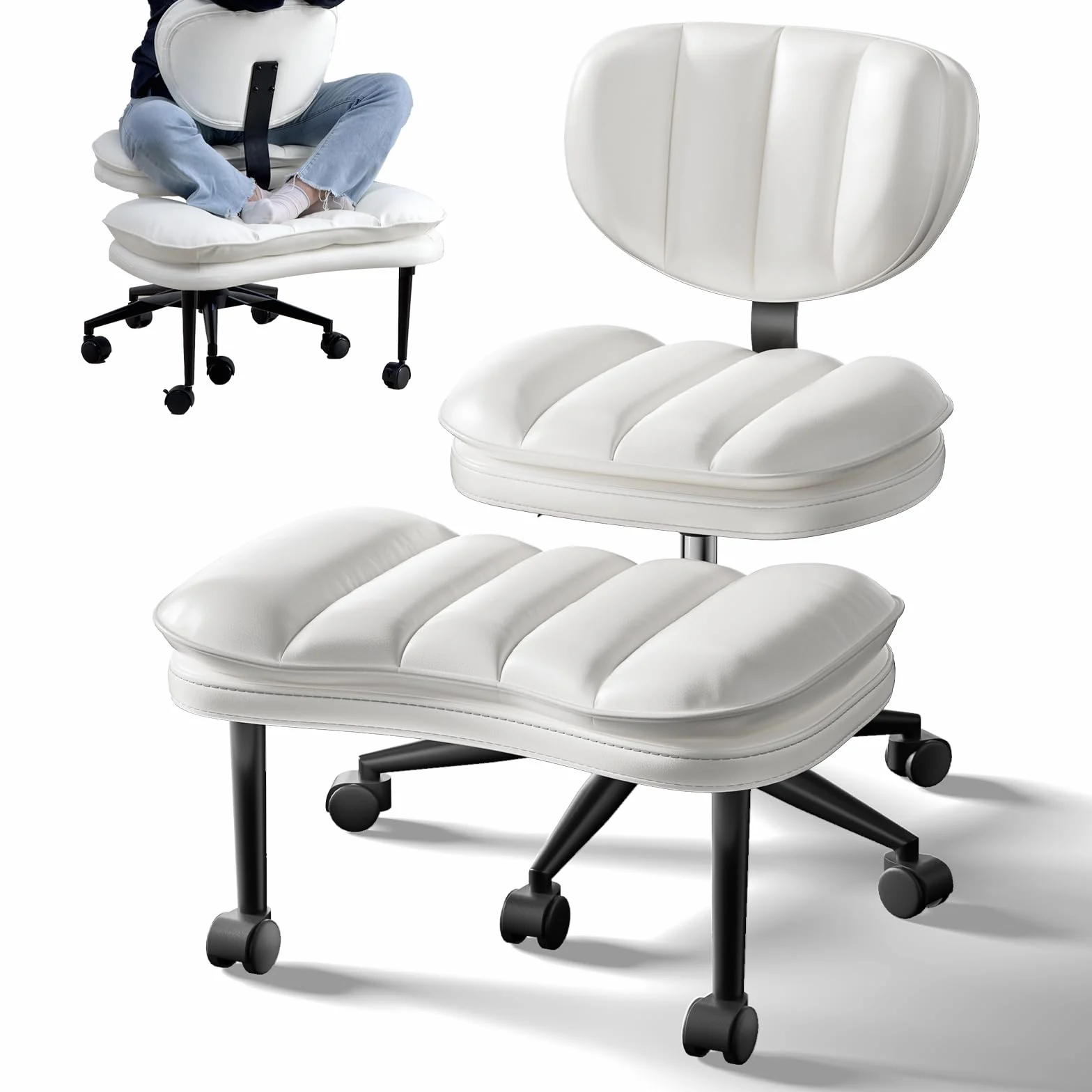 HOMRELEXA Bürostuhl mit Kreuzbeinen, 360° drehbar, Ergonomischer Kniestuhl, Criss Cross Schreibtischstuhl mit Verstellbarer Höhe, ADHS-Meditationsstuhl mit Rückenstütze, Cloud PU-Leder, Reinweiß