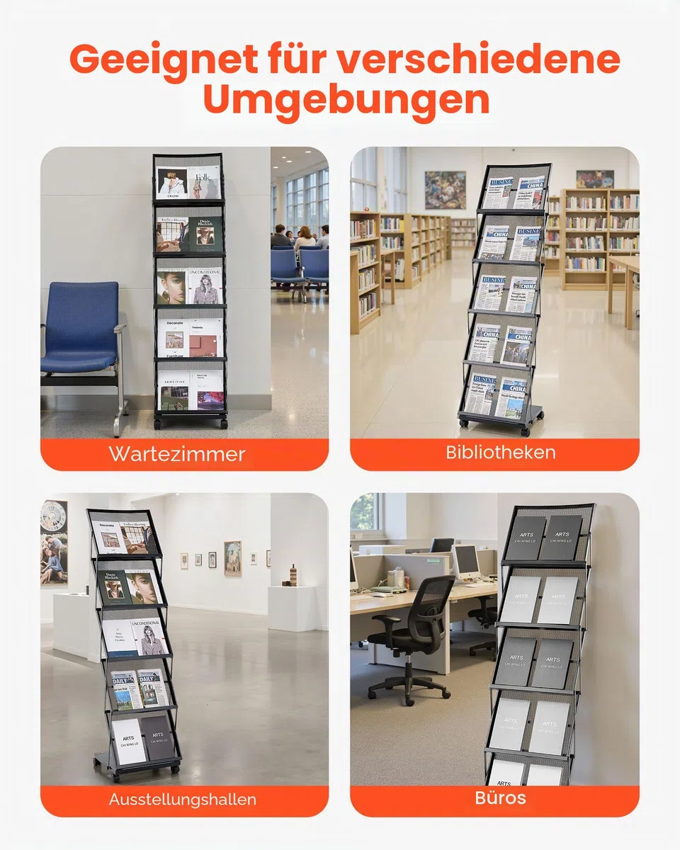 VEVOR faltbarer Prospektständer Zeitschriftenständer mit 5 Taschen, rollbarer Literaturständer Kataloghalter Schrägsteller, Buchständer Bodenaufsteller für Messe, Büroshows, Ausstellung