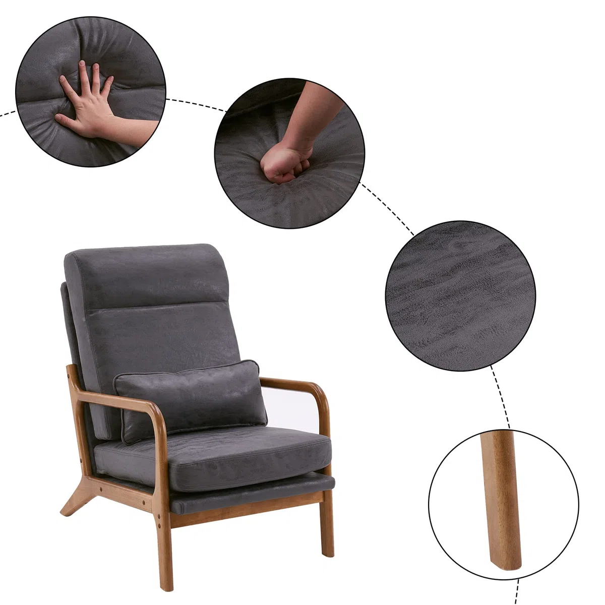 LEADZM Sessel Loungesessel, Armlehnstuhl Armlehnensessel Polstersessel, Armlehnen mit Massivholzrahmen, Lesesessel, Relaxsessel für Wohnzimmer, Schlafzimmer (Dunkelgrau)