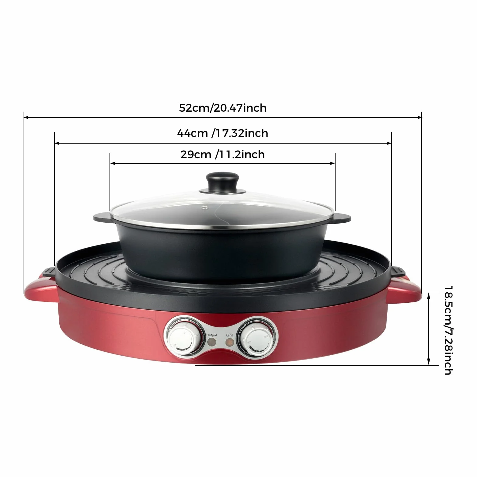 2200W Hot Pot Elektrisch Hotpot Topf 220V Elektrogrill 2 in 1 Multifunktion Elektrische Grill Hot pot mit Abnehmbar Kochplatte, Elektrische Hot Pots für Wohnheim Zuhause (Rot)