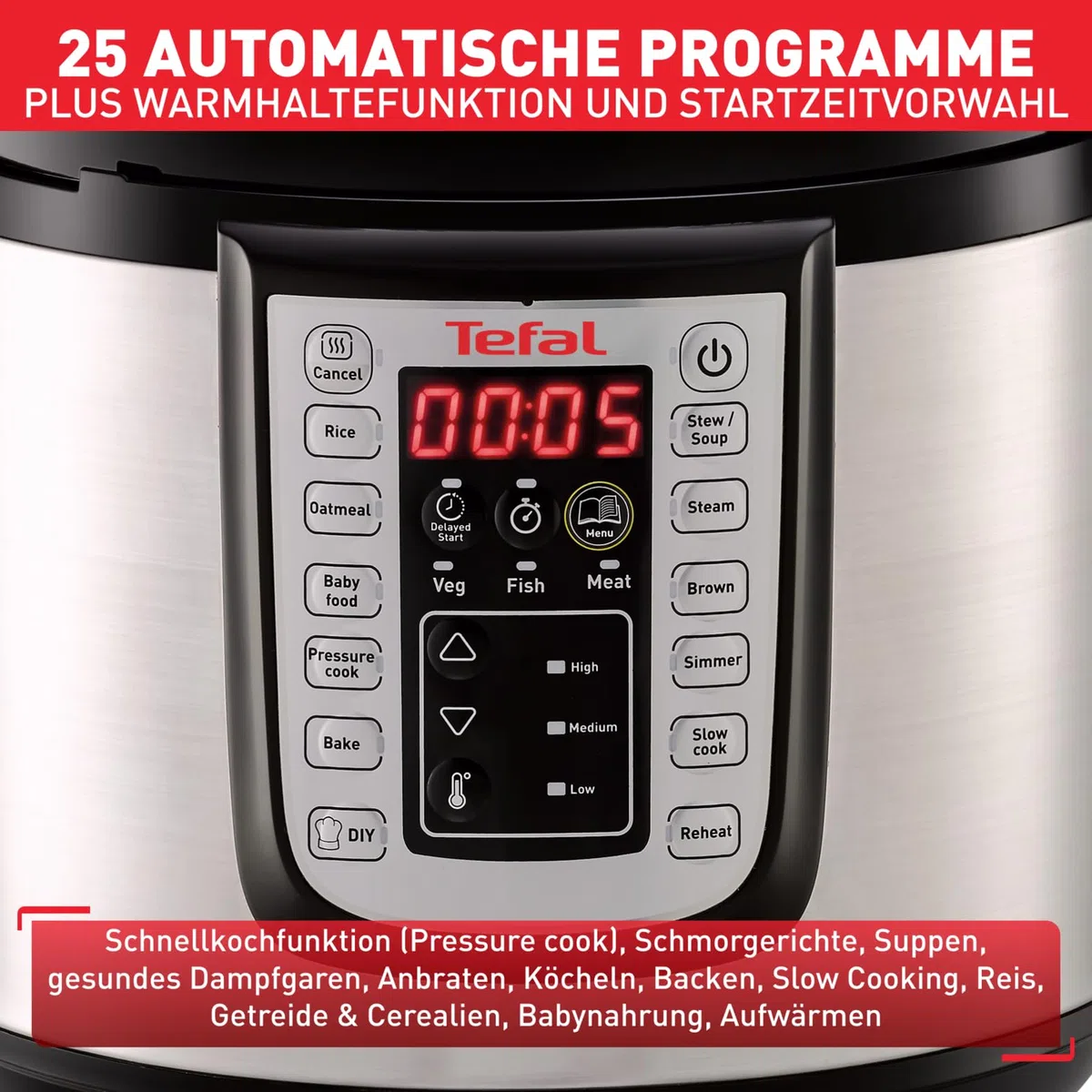 Tefal CY505E Fast & Delicious Multikocher, elektrischer Schnellkochtopf, 6 L Kapazität, 25 Automatische Programme, Bis zu 80% schnelleres Kochen, Energiesparend, Rezeptheft, 1200 W, Edelstahl