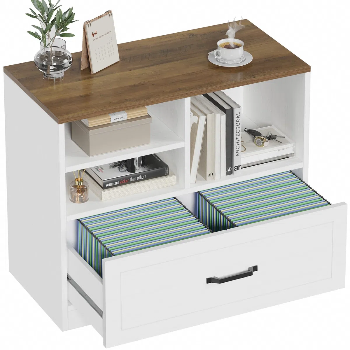 LVB Aktenschrank mit Schublade Schreibtisch Schrank für DIN A4 Letter Format Druckerständer Büroschrank mit offenem Regal für Arbeitszimmer Büro und HomeOffice Schubladenschrank Weiß 83 cm