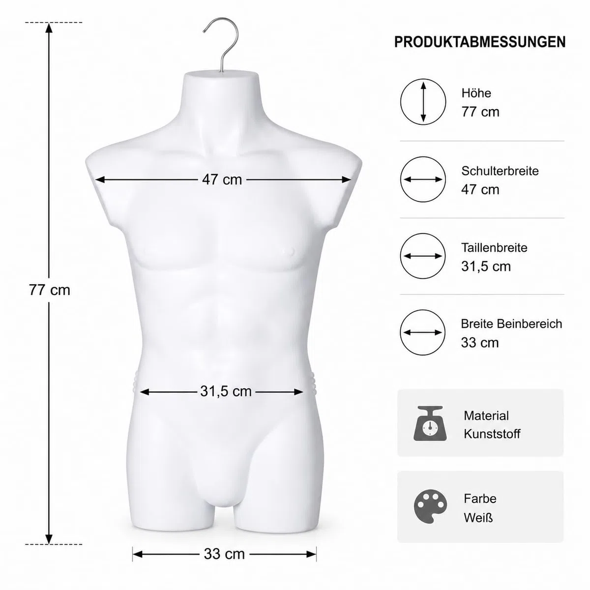 2er Set Torso männlich - Herrentorso lebensecht aus Kunststoff - Oberkörper Halbplastik in Farbe Weiß - Mannequin Büste - Halbschale Herrenbody - Schaufensterpuppe mit Haken - 2 Stück Dekotorso